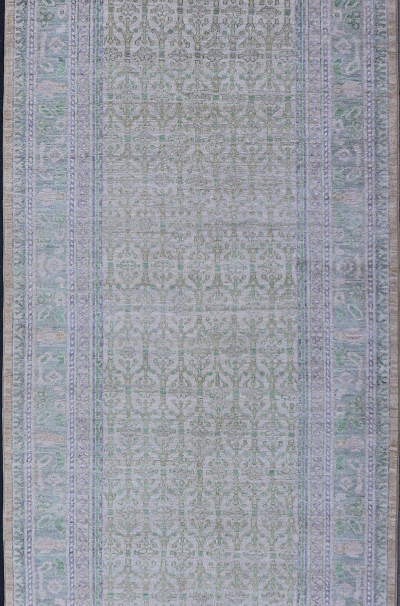 Contemporary Sub-Geometric Paisley Designed Rug with Muted Tones of Yellow-Green and Brown For Sale