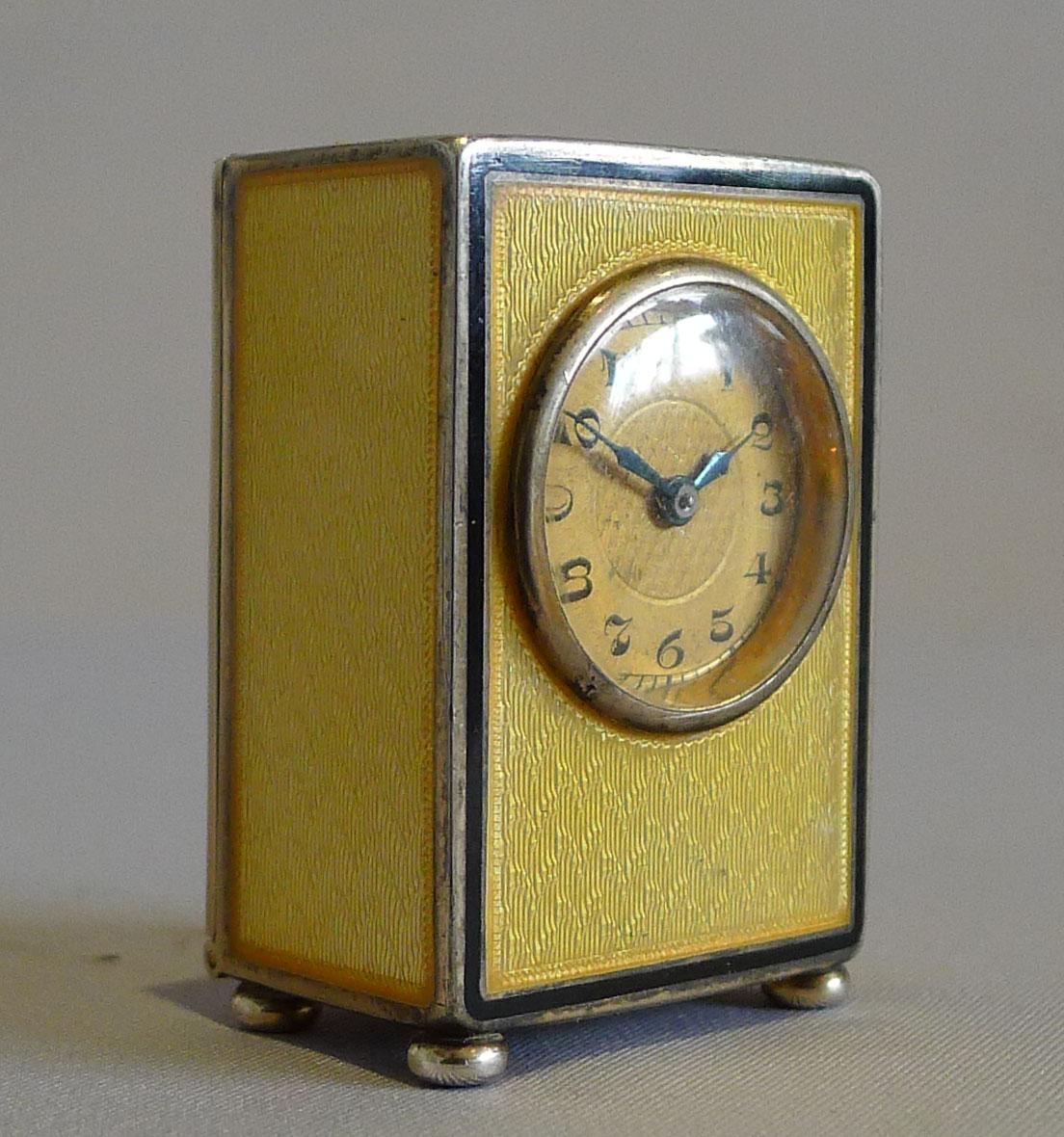 Sub Miniature Carriage Clock in Lemon Yellow Guilloche Enamel and Silver Gilt In Good Condition In London, GB