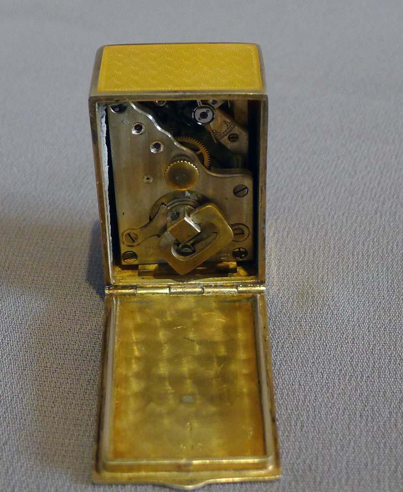 Early 20th Century Sub Miniature Carriage Clock in Lemon Yellow Guilloche Enamel and Silver Gilt