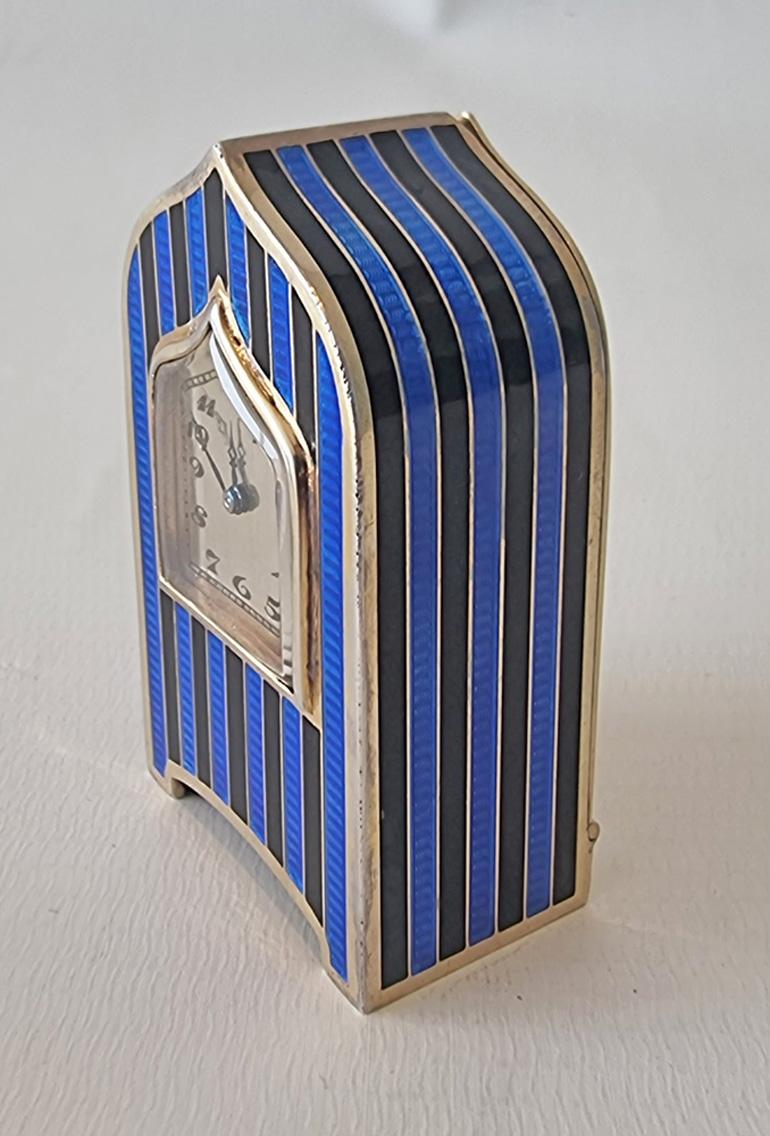 Early 20th Century Sub Miniature Silver and Blue Guilloche and Black Enamel Carriage Clock For Sale