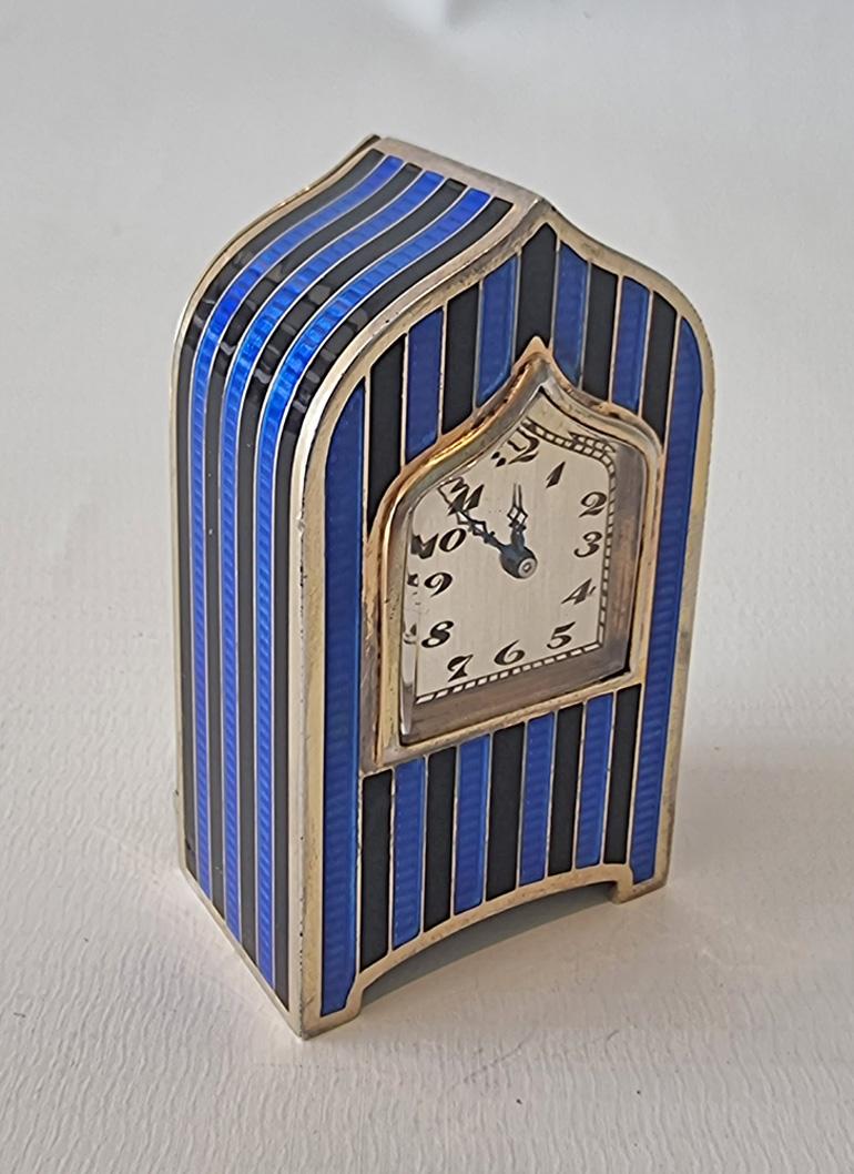 Sub Miniature Silver and Blue Guilloche and Black Enamel Carriage Clock For Sale 1