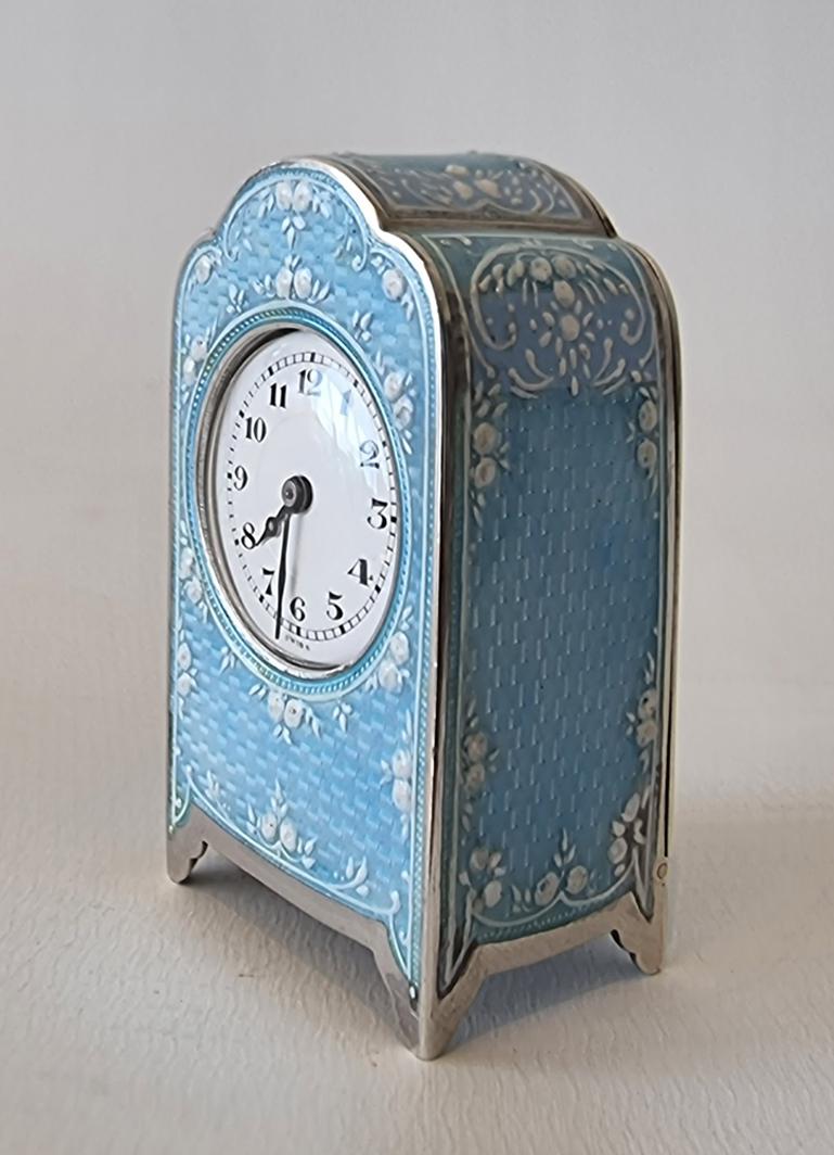 Swiss Sub Miniature Silver and Blue Guilloche Enamel Carriage or Boudoir Clock