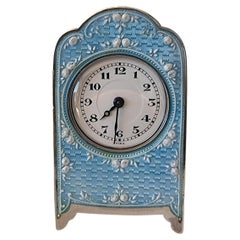 Sub Miniature Silver and Blue Guilloche Enamel Carriage or Boudoir Clock