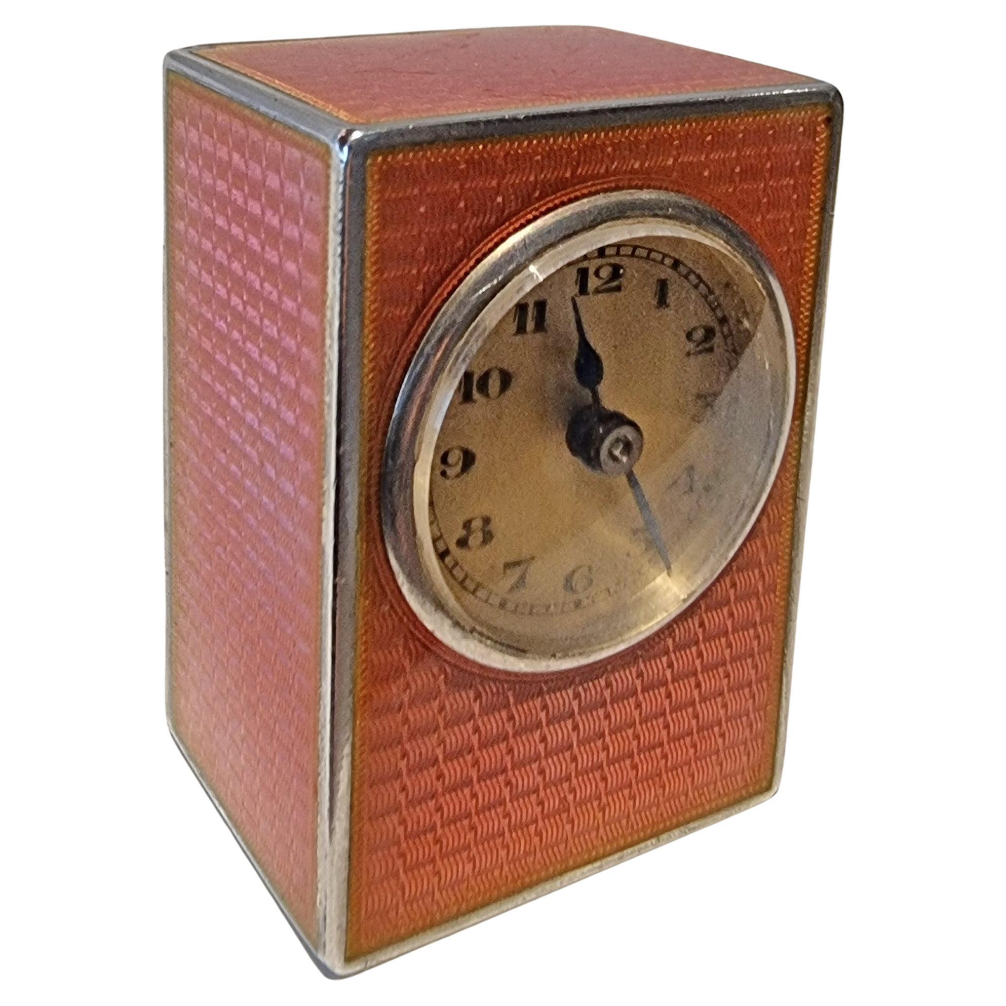 Sub Miniature Silver and Coral Guilloche Five Sided Enamel Carriage Clock For Sale