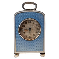 Sub Miniature Silver and Five Panel Blue Guilloche Enamel Carriage Clock