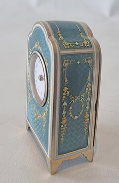 Sub Miniature Silver and Guilloche Enamel Carriage or Boudoir Clock