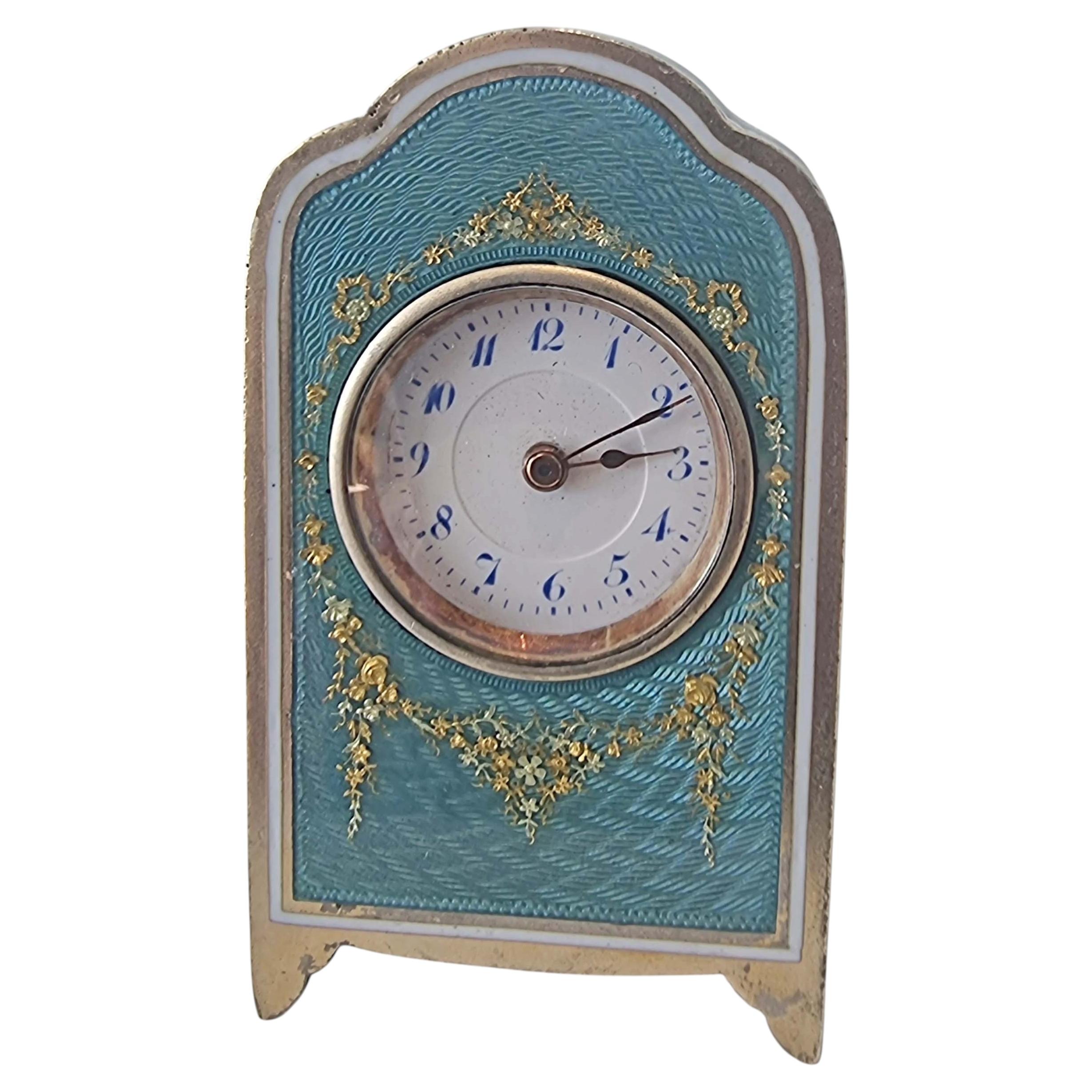 Sub Miniature Silver and Guilloche Enamel Carriage or Boudoir Clock