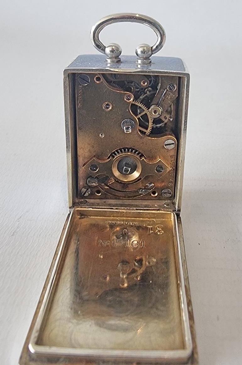 Reloj de carruaje subminiatura de plata y esmalte guilloché lila en estuche original en Bueno estado para la venta en London, GB