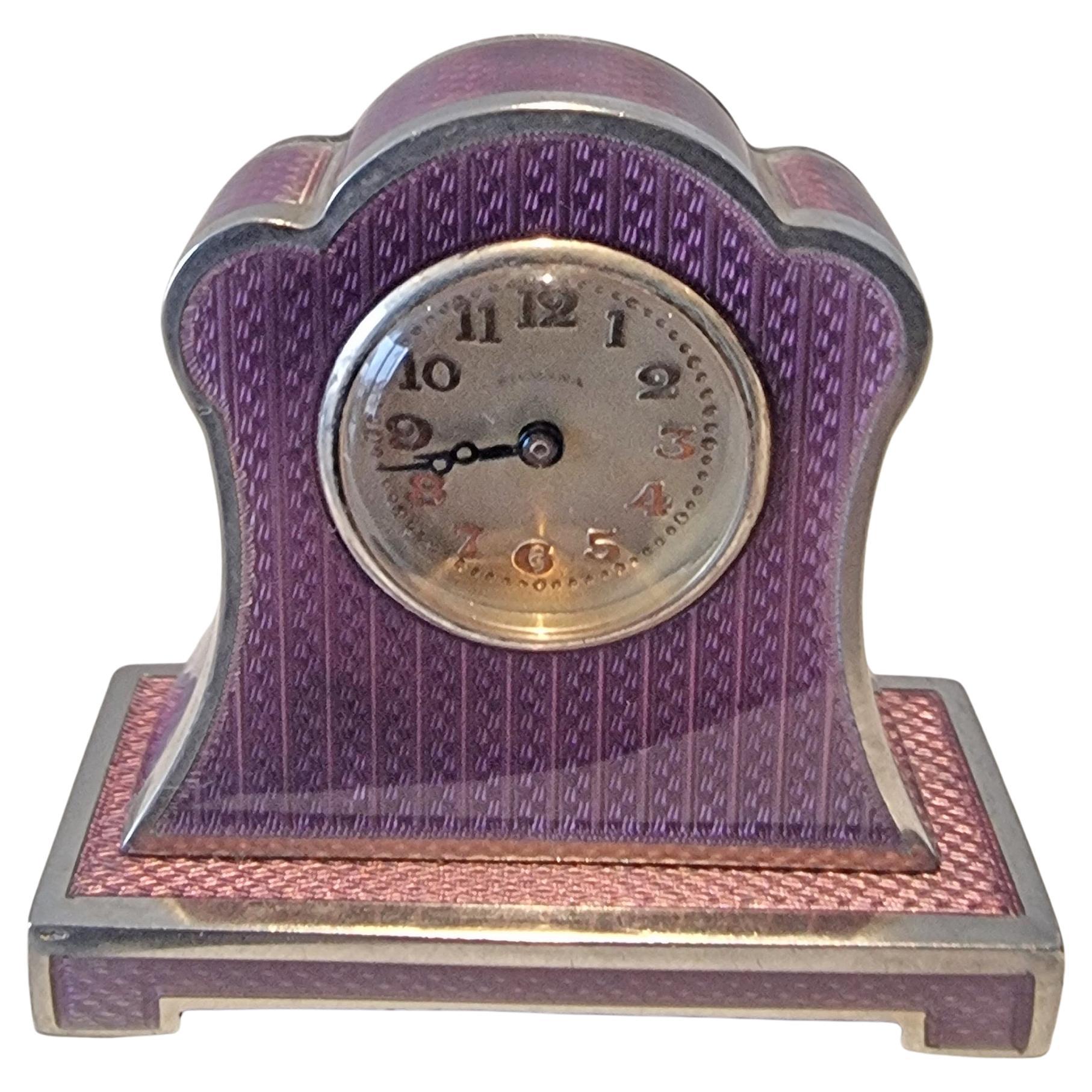 Sub Miniature Silver and Purple Guilloche Enamel Carriage Clock by Silvana