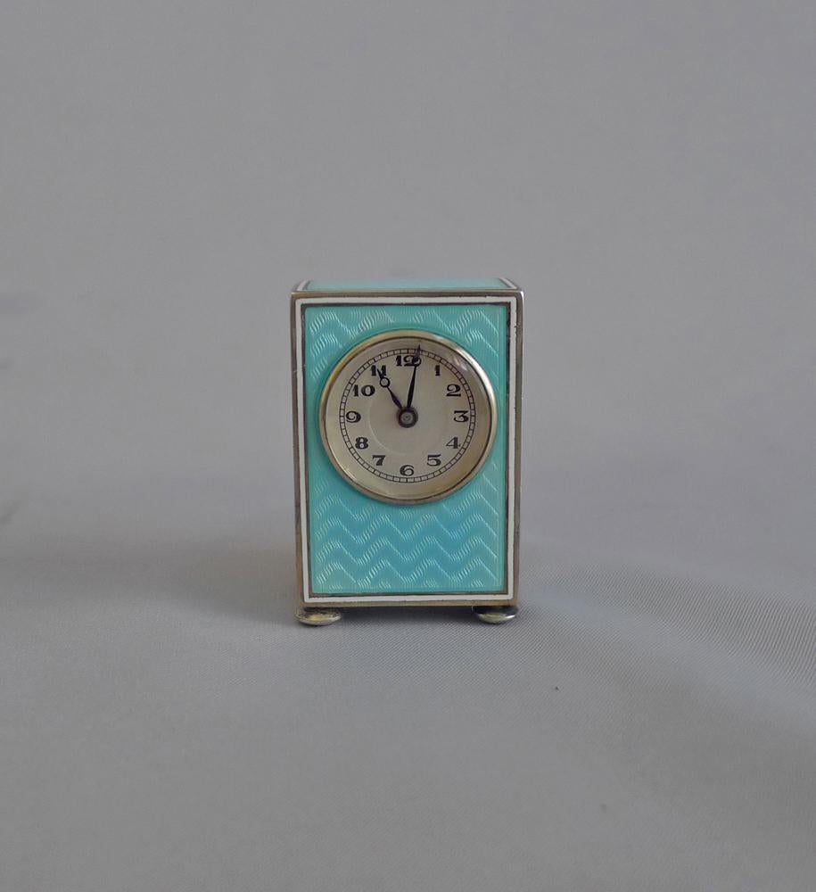 Swiss Sub Miniature Silver Gilt and Guilloche Enamel Carriage Clock