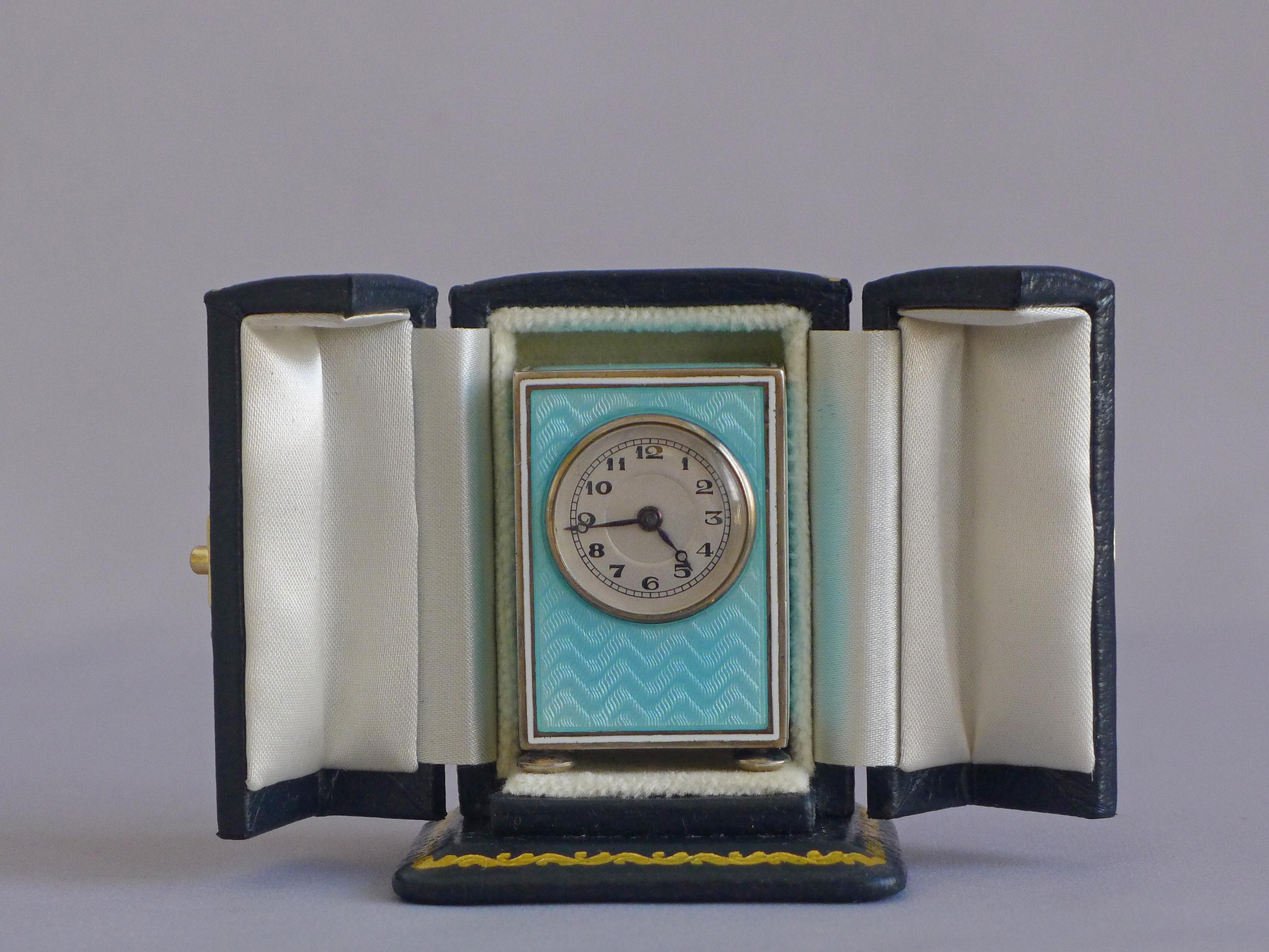Sub Miniature Silver Gilt and Guilloche Enamel Carriage Clock In Good Condition In London, GB