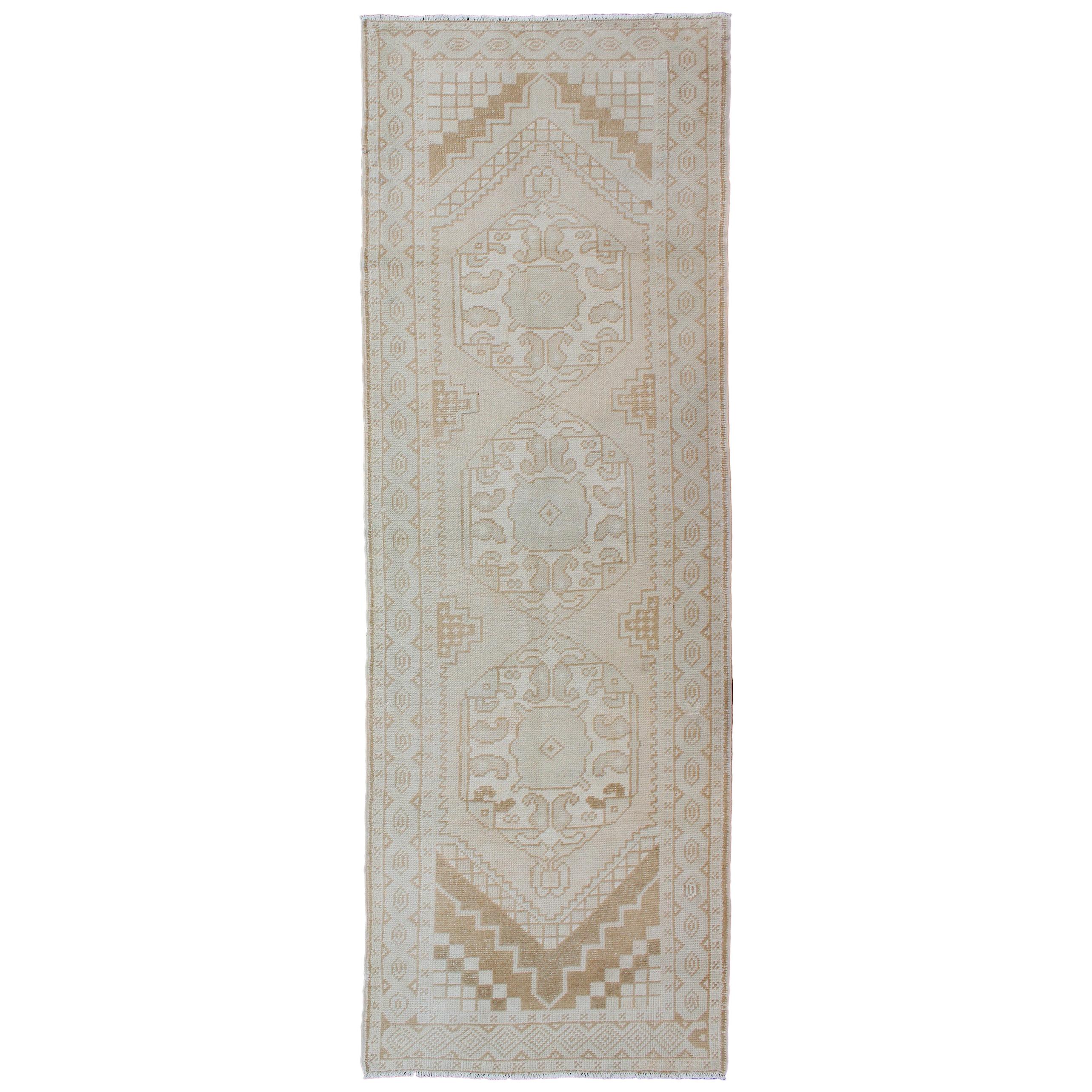 Subdued Vintage Turkish Oushak Runner with Medallions