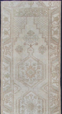 Subdued Vintage Turkish Oushak Runner with Medallions in Soft Cream