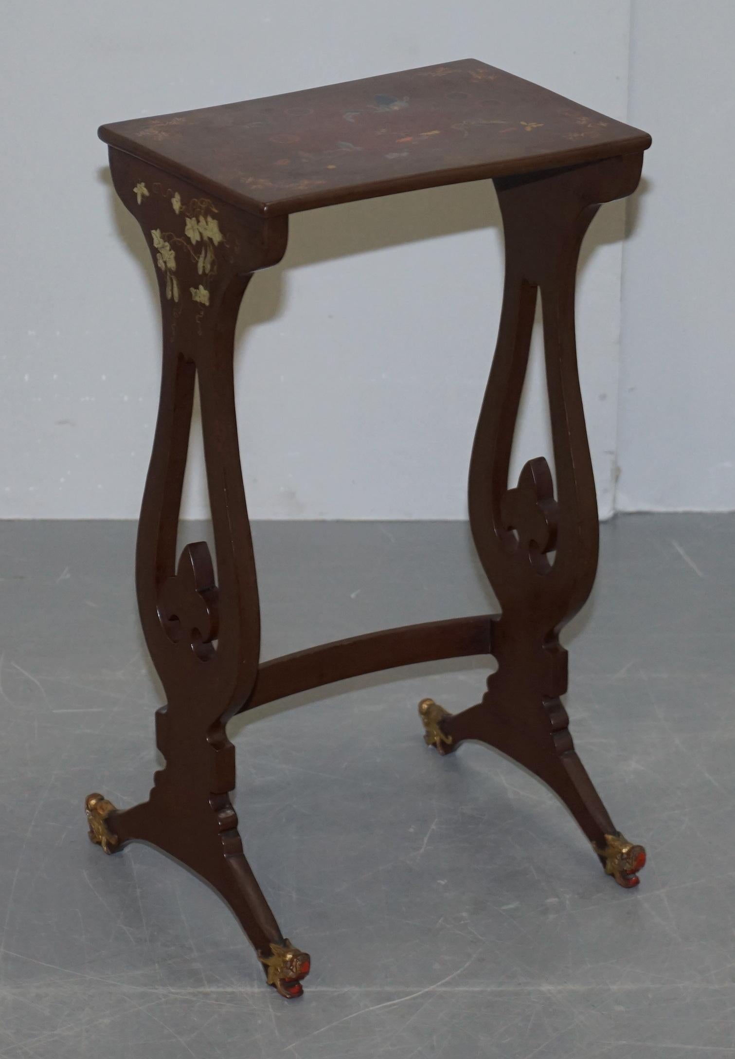 Sublim Nest of 4 circa 1880 Chinese Export Brown Lacqurered Tables Hand Painted For Sale 8
