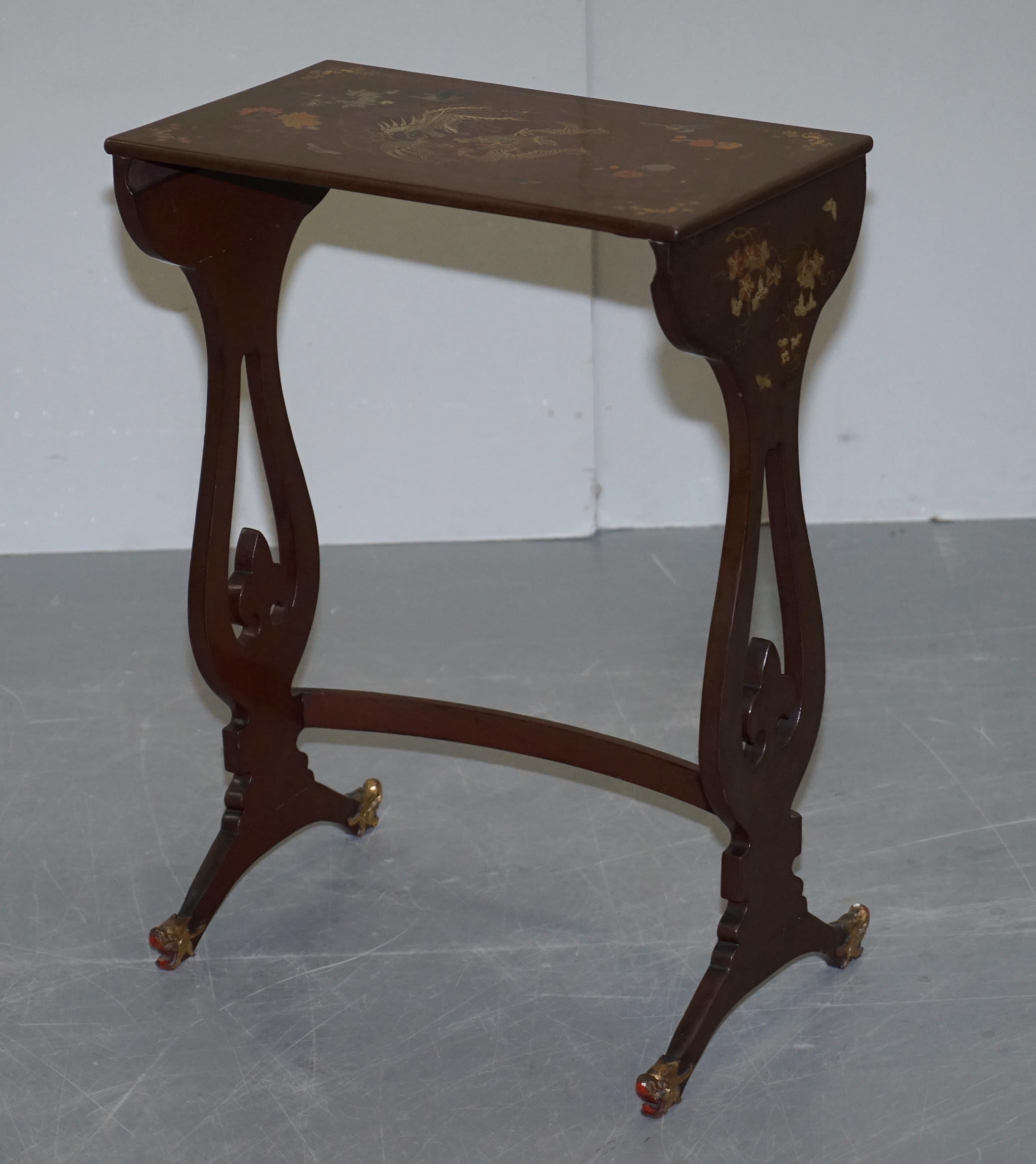 Late 19th Century Sublim Nest of 4 circa 1880 Chinese Export Brown Lacqurered Tables Hand Painted For Sale