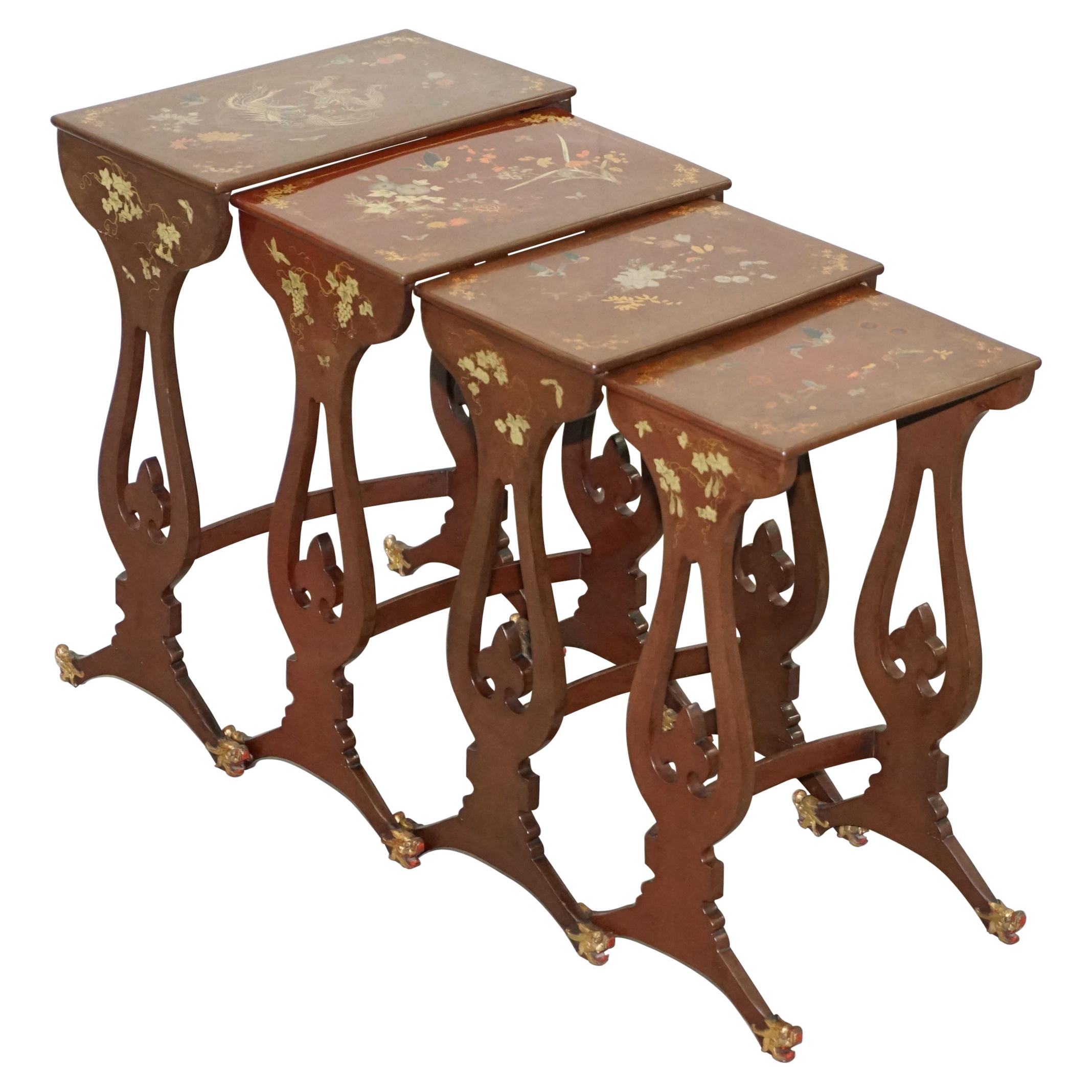 Sublim Nest of 4 circa 1880 Chinese Export Brown Lacqurered Tables Hand Painted For Sale