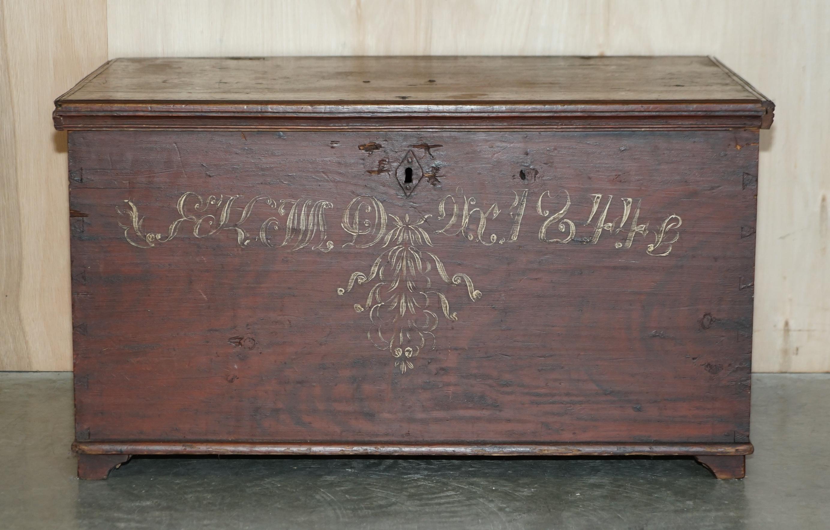 We are delighted to offer for sale this lovely original 1844 dated hand painted Swedish trunk or chest.

A very good looking and well made piece. A typical hand painted European piece which is highly collectable and very versatile. It comes complete