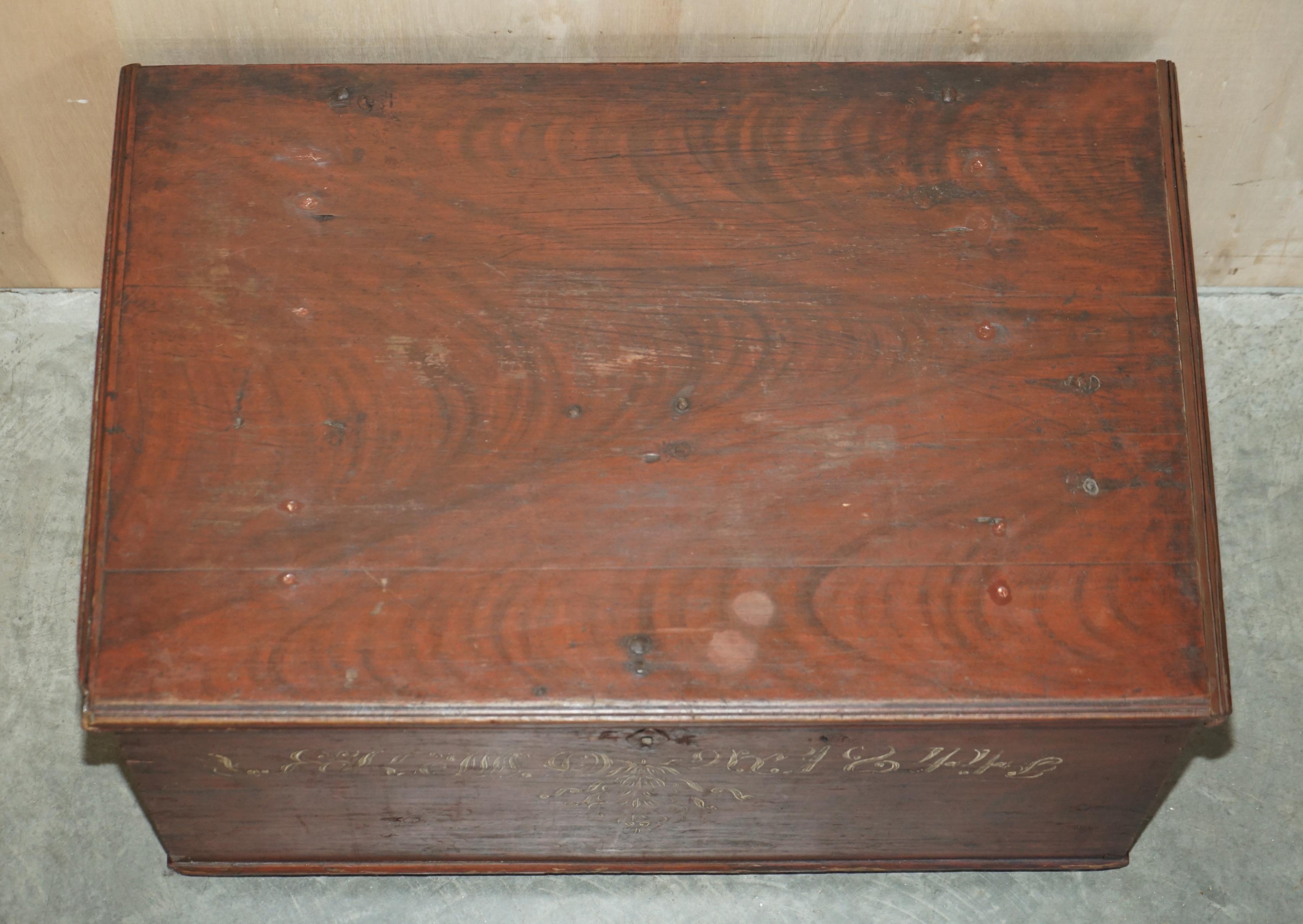 Sublime 1844 Dated Hand Painted Swedish Chest or Trunk for Linens Coffee Table For Sale 1