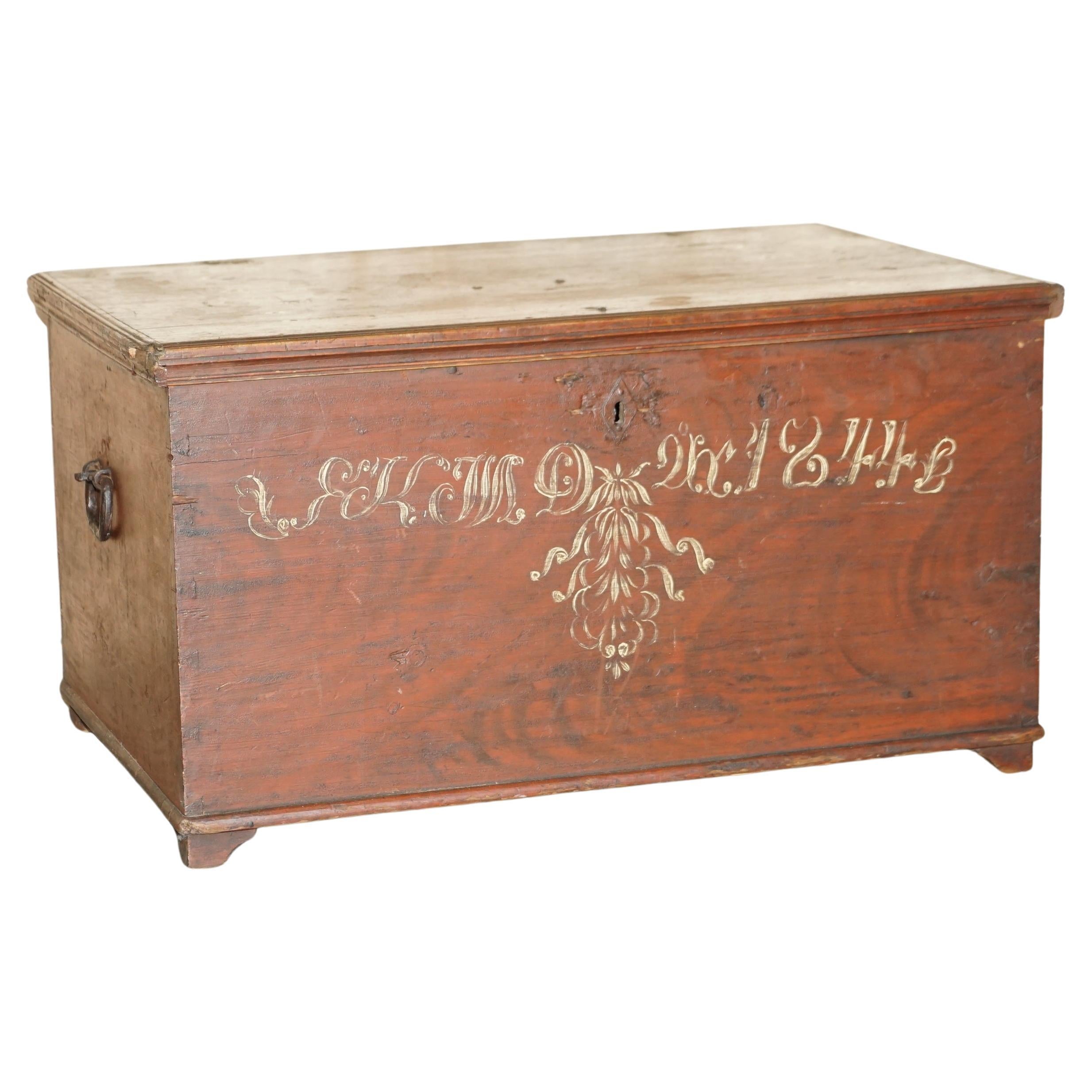 Sublime 1844 Dated Hand Painted Swedish Chest or Trunk for Linens Coffee Table For Sale