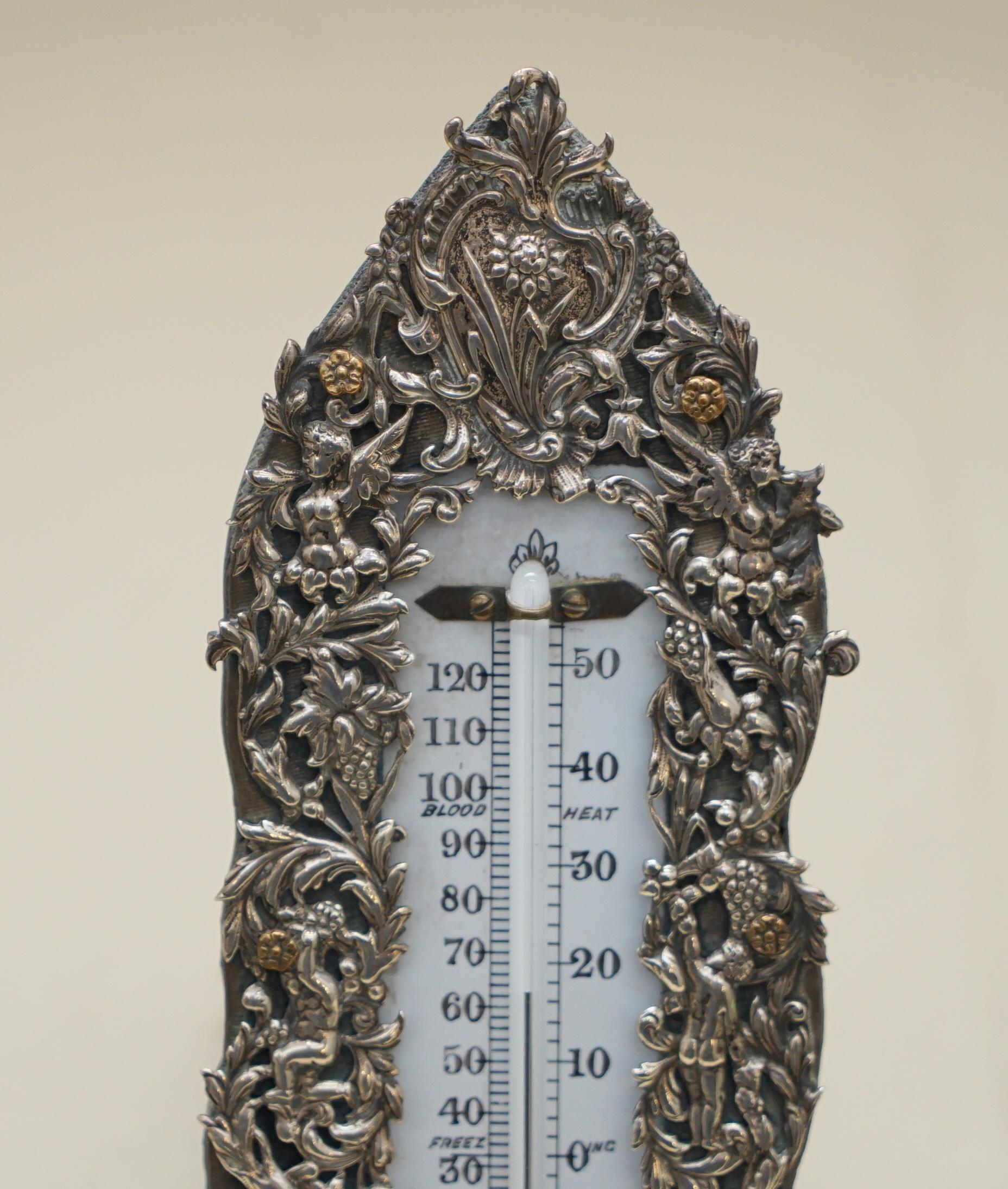 Victorian Sublime 1888 Sterling Silver Repousse Barometer Cherubs Angels Grape Vines