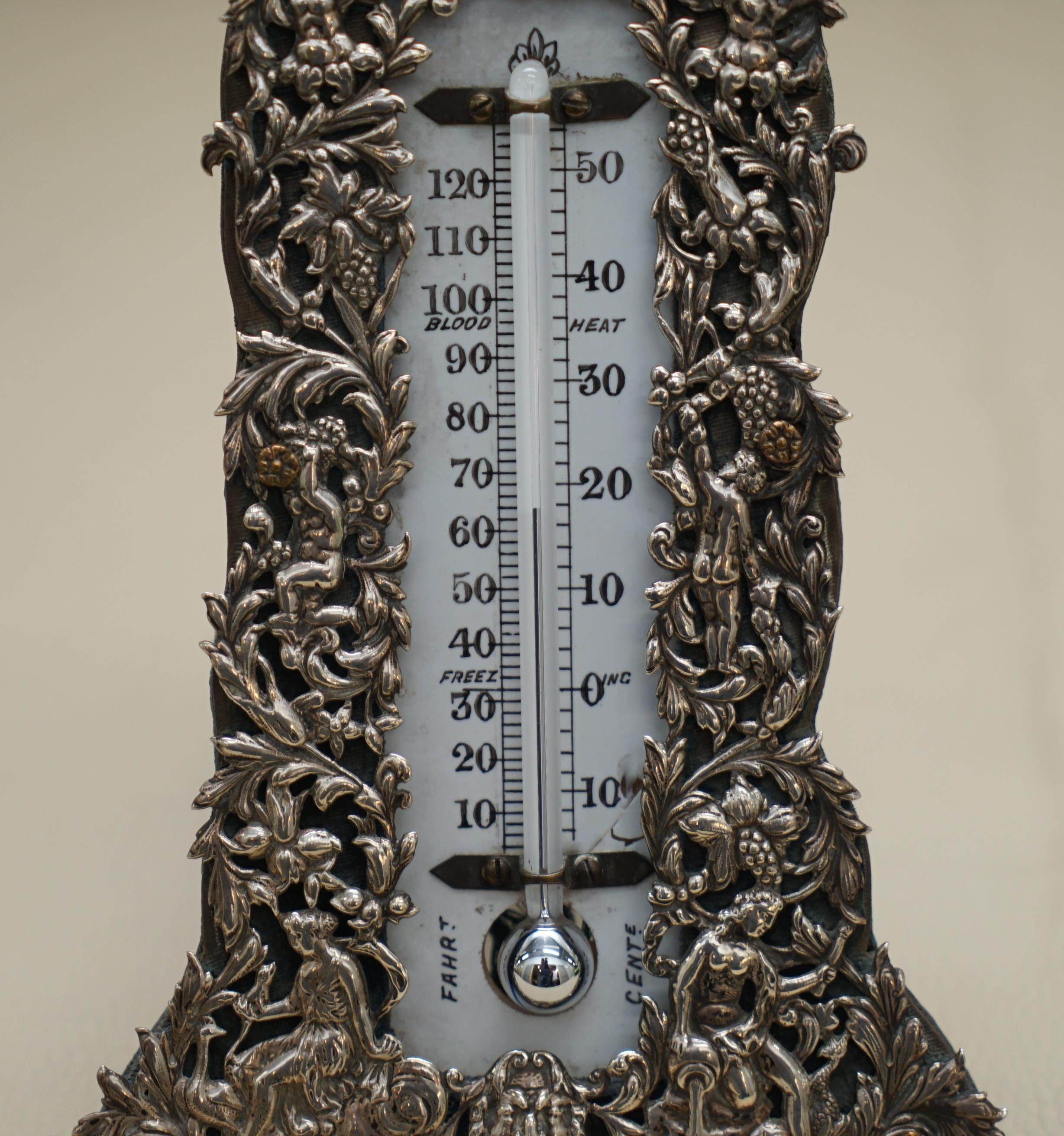 Hand-Crafted Sublime 1888 Sterling Silver Repousse Barometer Cherubs Angels Grape Vines