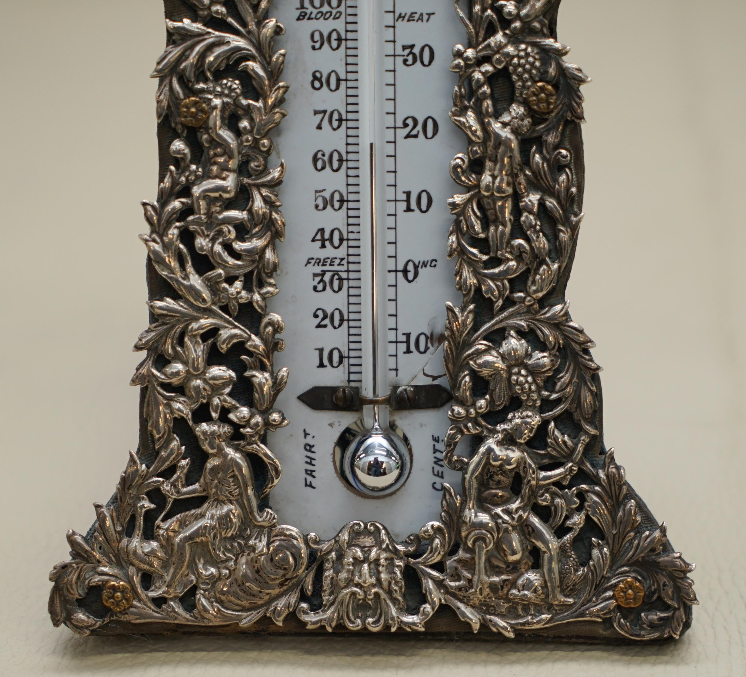 Late 19th Century Sublime 1888 Sterling Silver Repousse Barometer Cherubs Angels Grape Vines