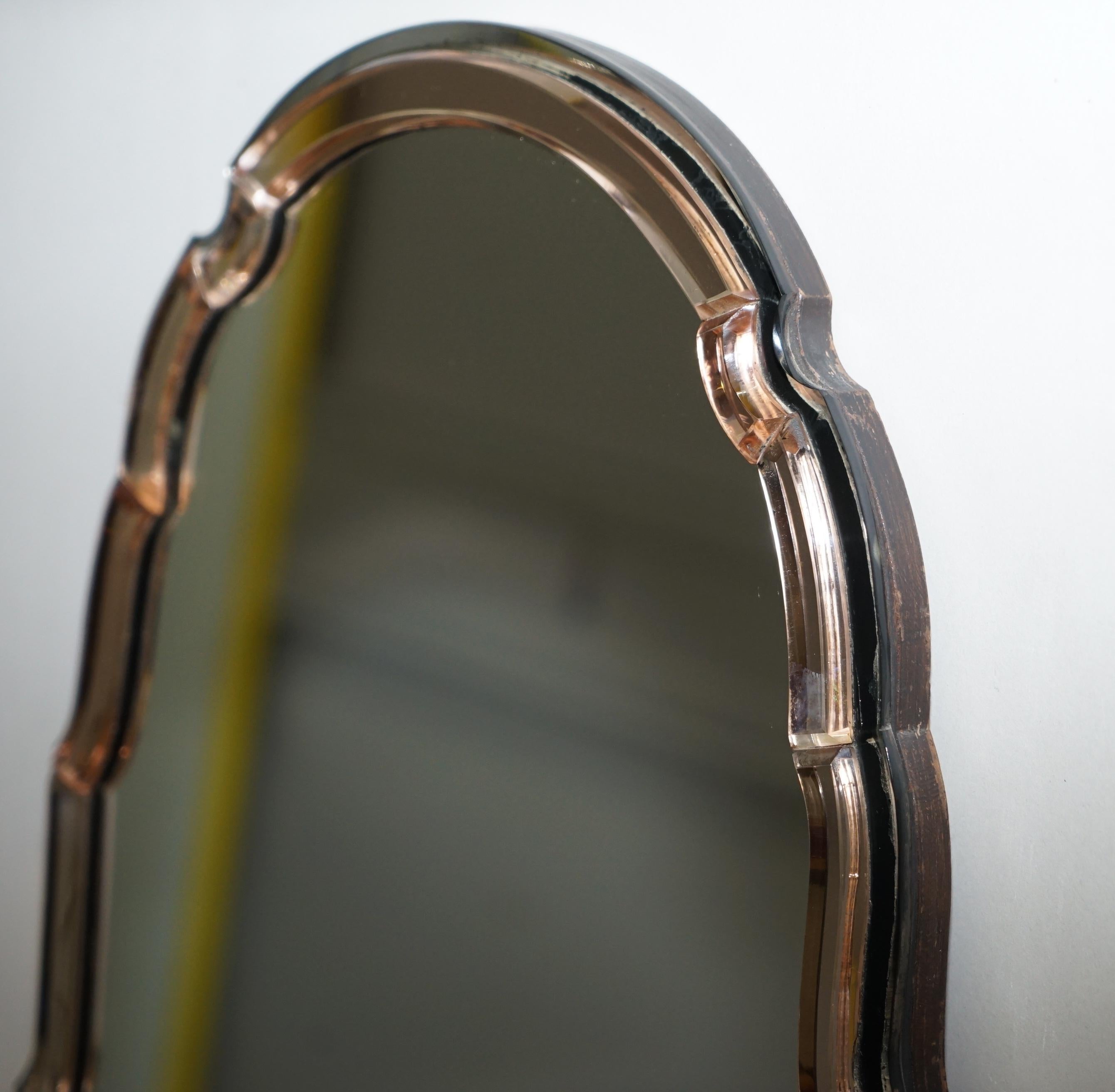 Sublime 1930er Art Deco Pfirsich Glas abgeschrägten venezianischen gebogenen Steeple Top Spiegel im Angebot 2