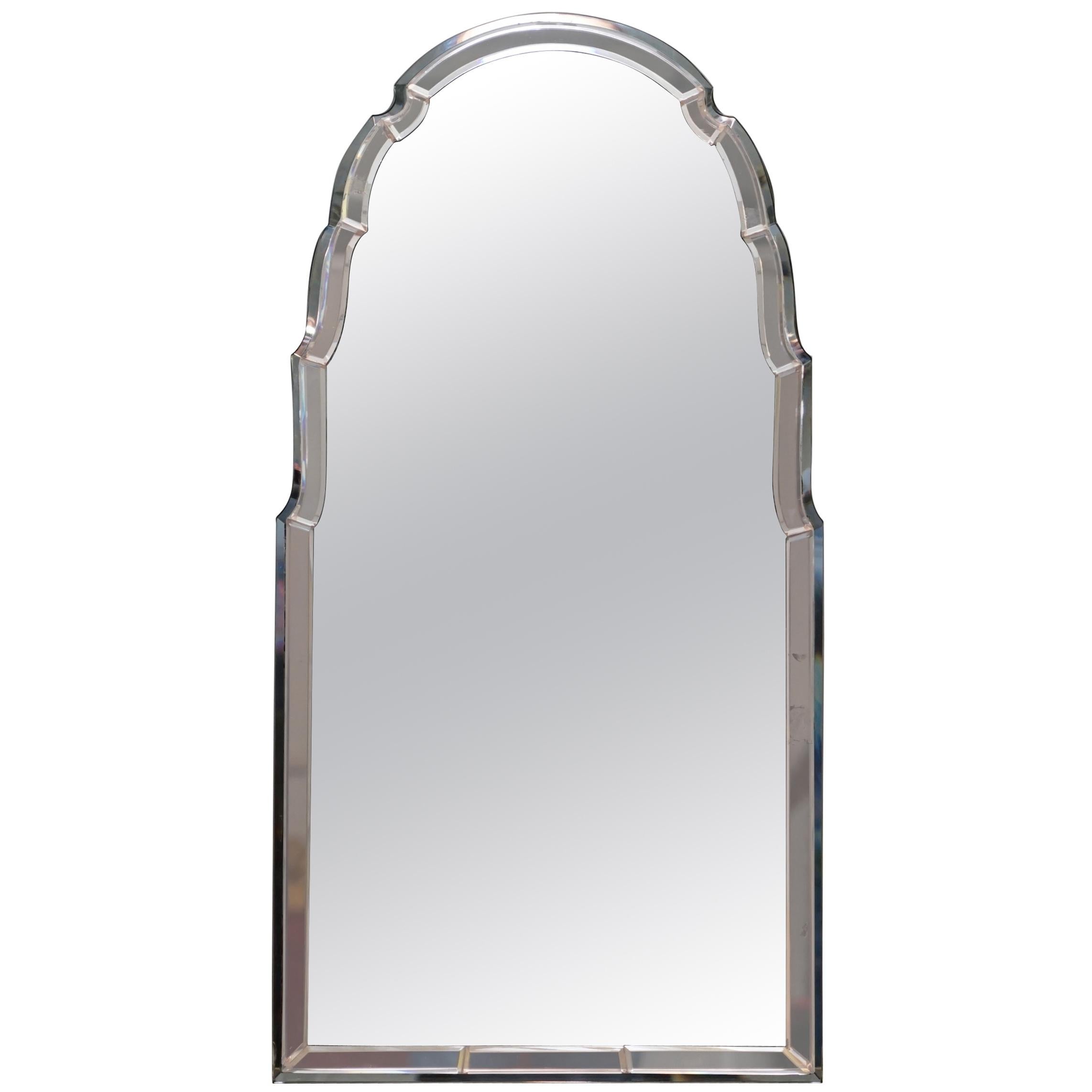 Sublime 1930s Art Deco Peach Glass Beveled Venetian Curved Steeple Top Mirror For Sale