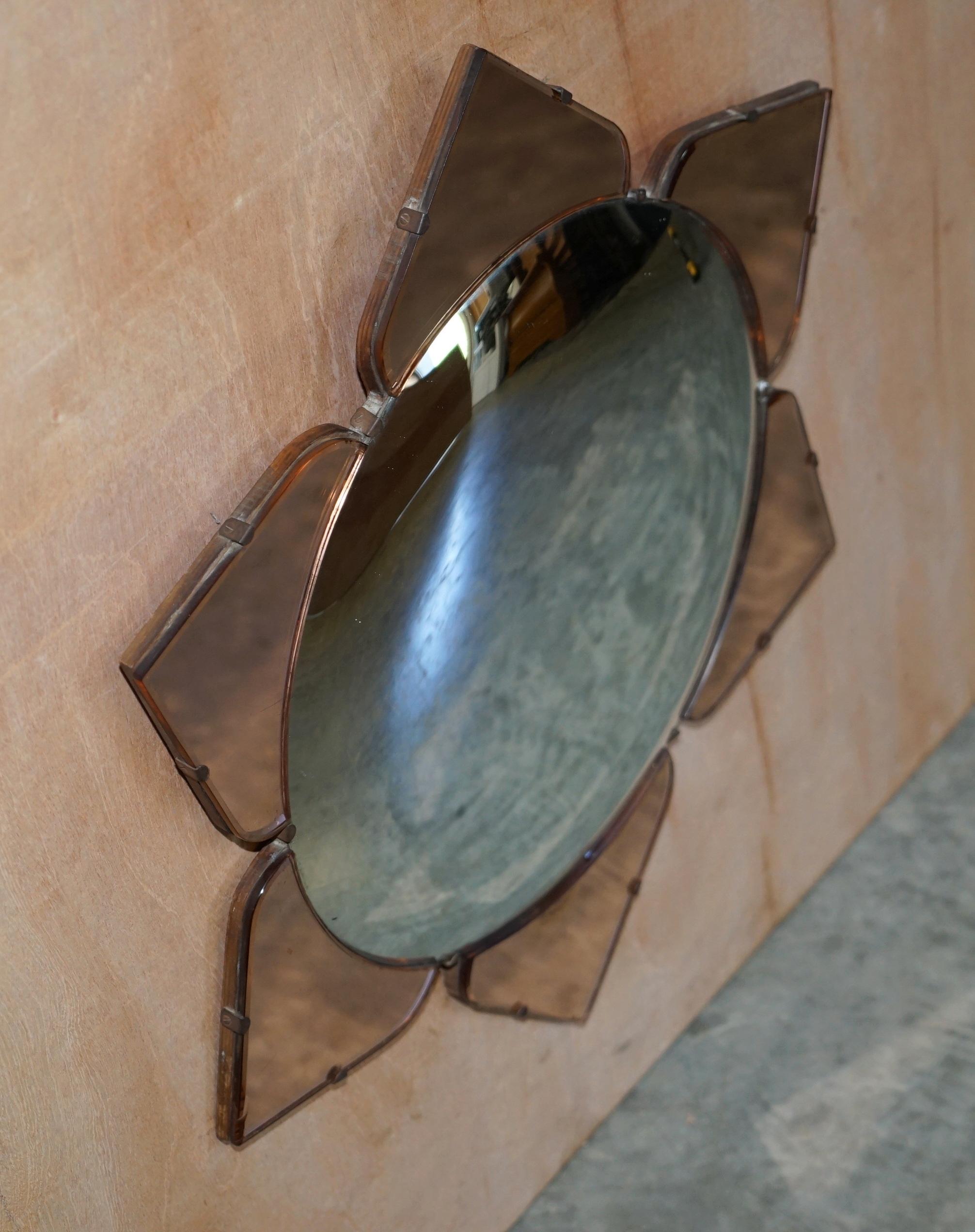 Sublime 1930's Convex Art Deco Peach Glass Bevelled Venetian Round Petal Mirror For Sale 1