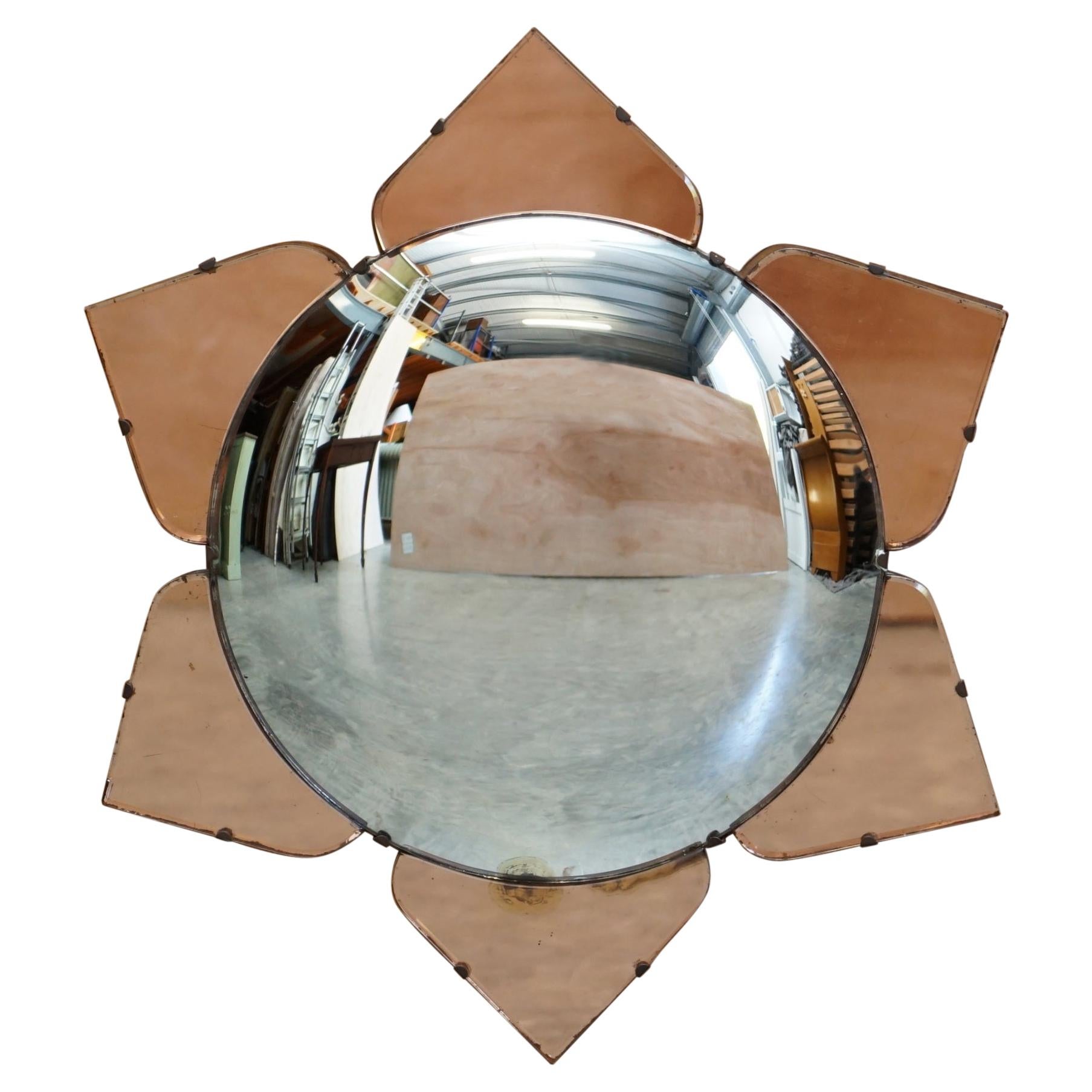 Sublime 1930's Convex Art Deco Peach Glass Bevelled Venetian Round Petal Mirror For Sale