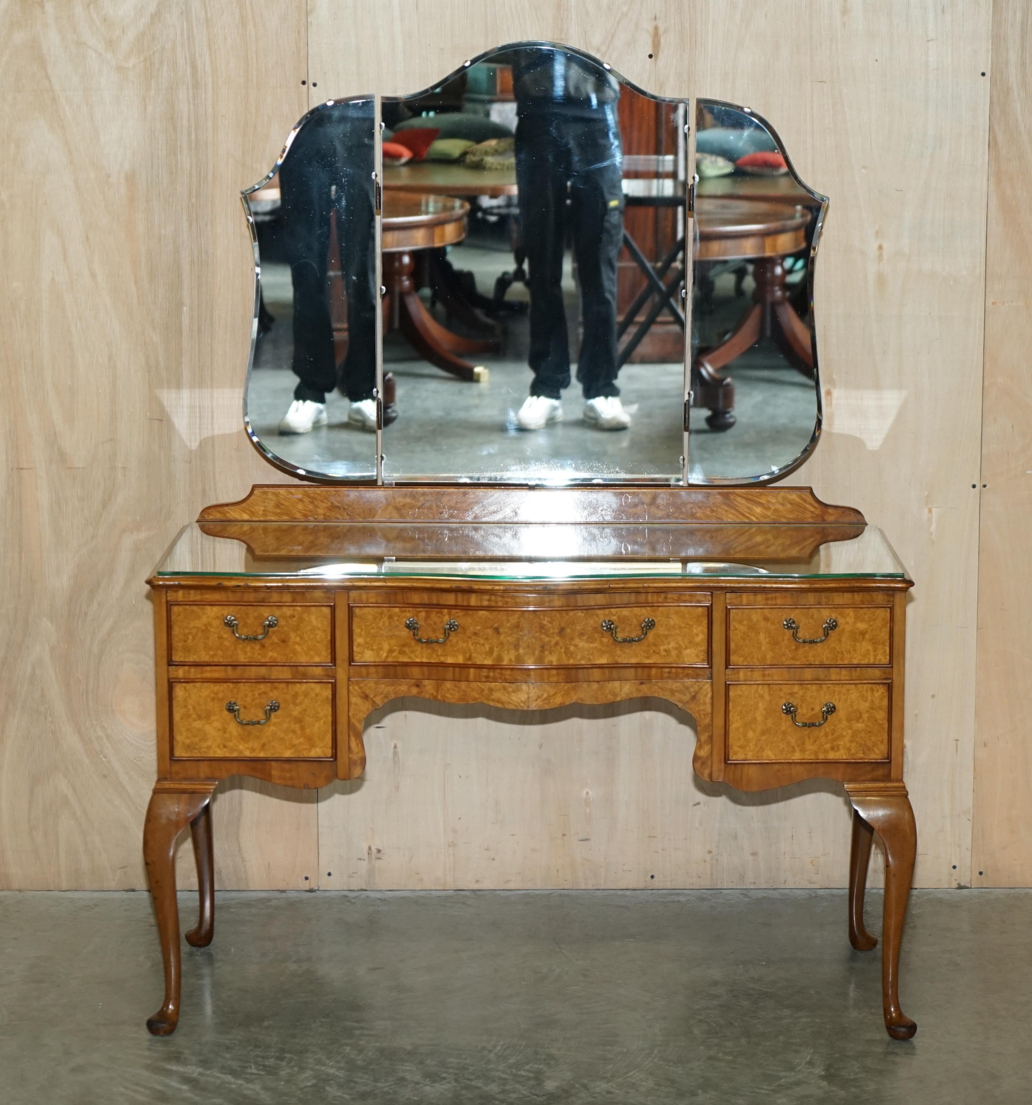 Victorian Sublime Alfred COX 1960s Burr Walnut Hand Carved Dressing Table Part of Suite