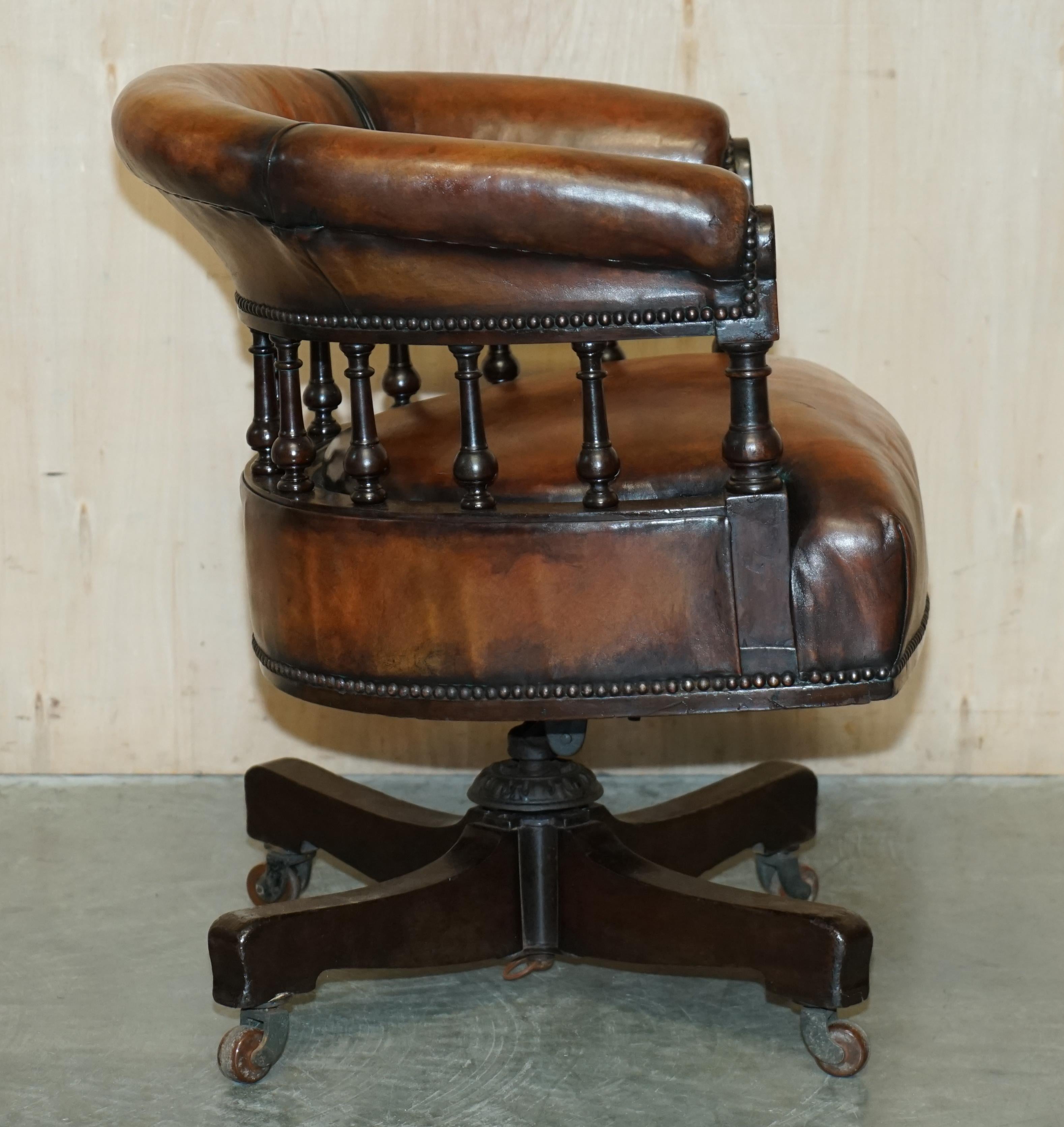 Sublime Antique circa 1860 Fully Restored Brown Leather Swivel Captains Chair 7