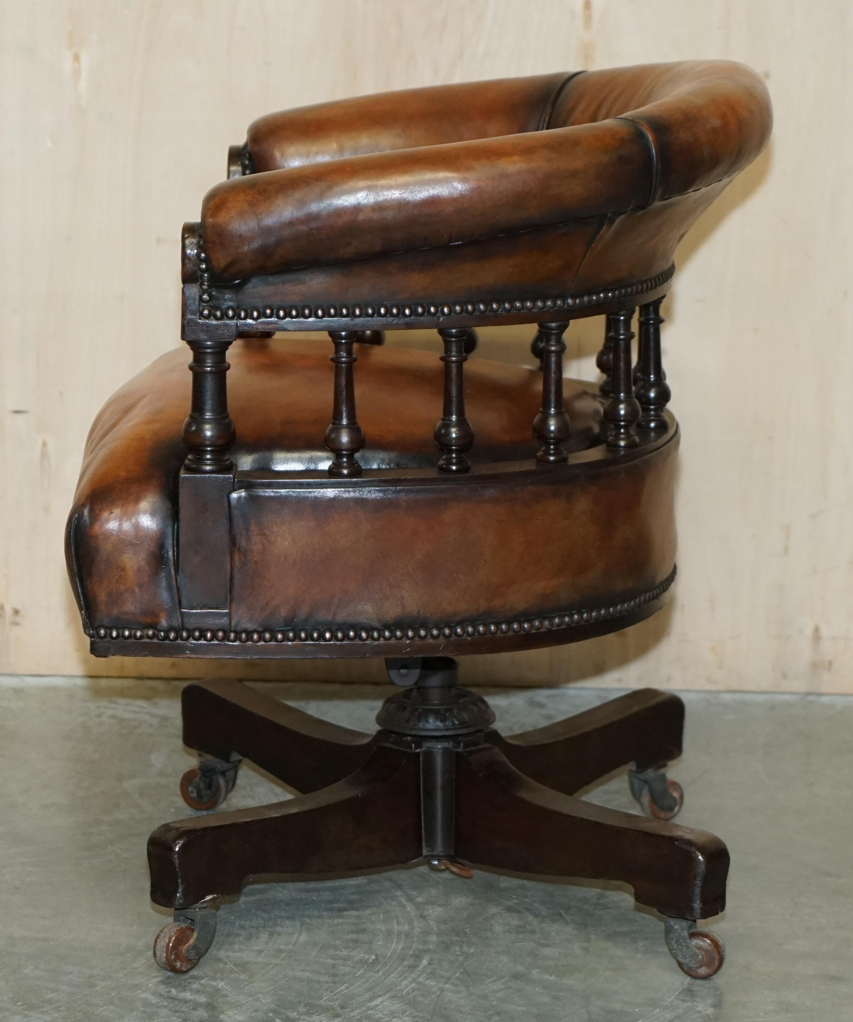 Sublime Antique circa 1860 Fully Restored Brown Leather Swivel Captains Chair 9