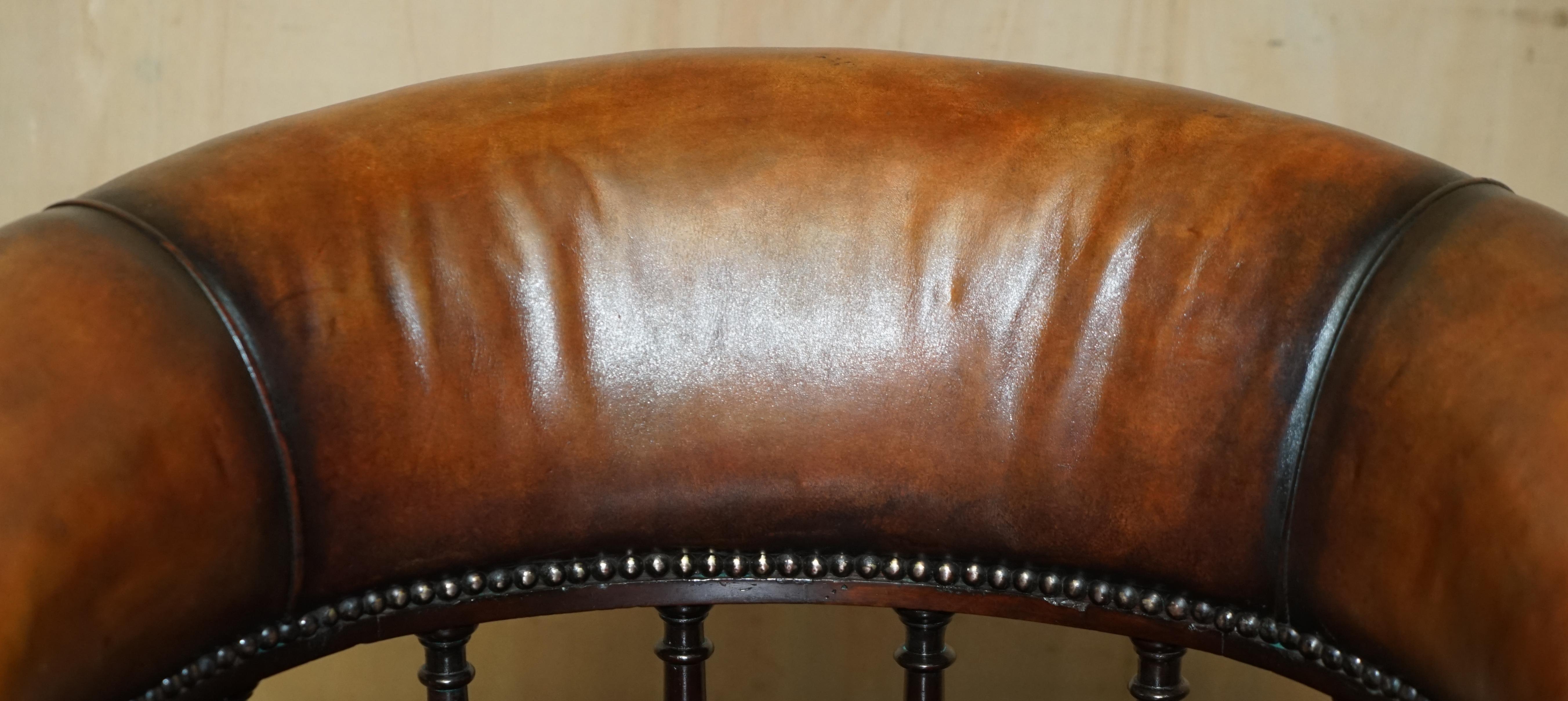 English Sublime Antique circa 1860 Fully Restored Brown Leather Swivel Captains Chair