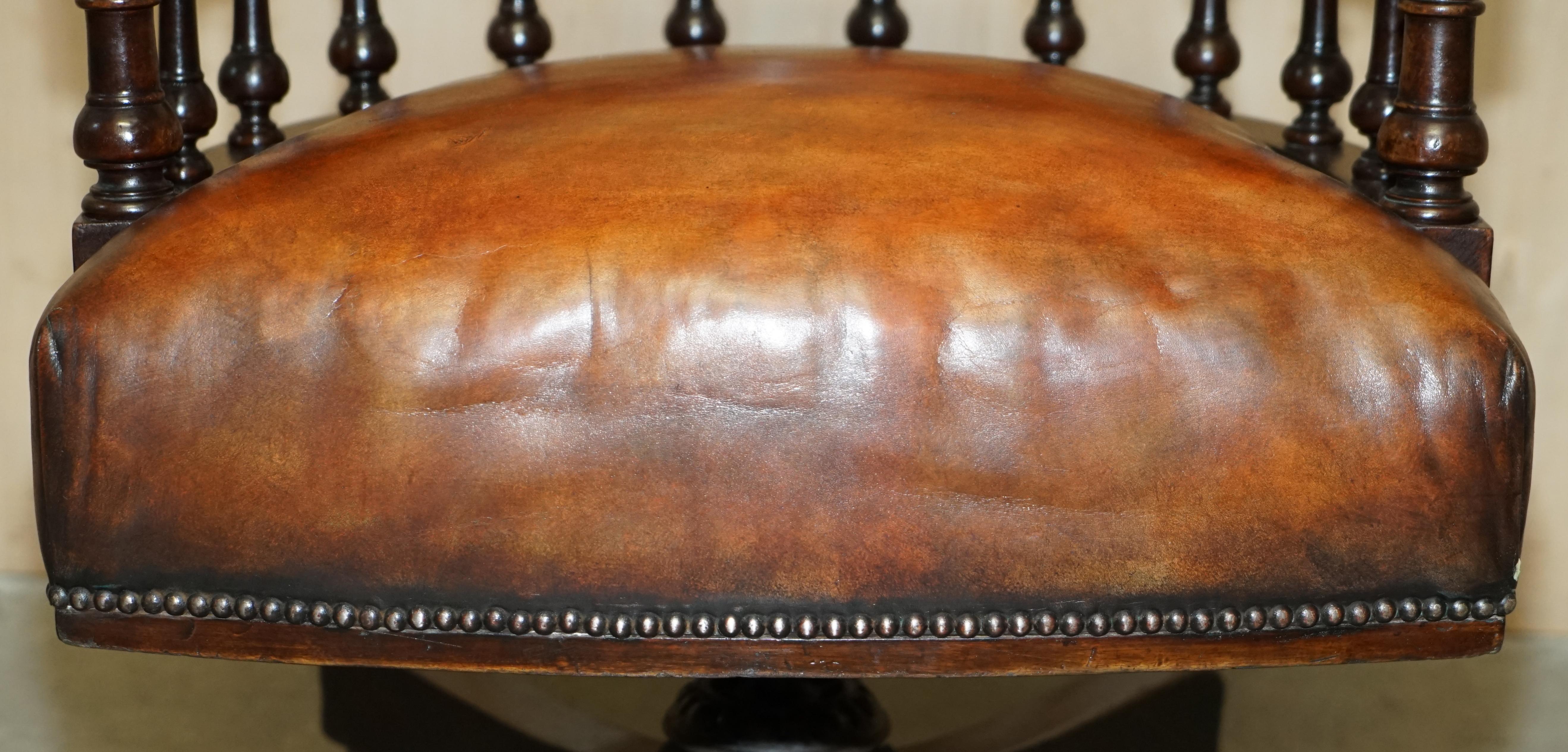 Mid-19th Century Sublime Antique circa 1860 Fully Restored Brown Leather Swivel Captains Chair