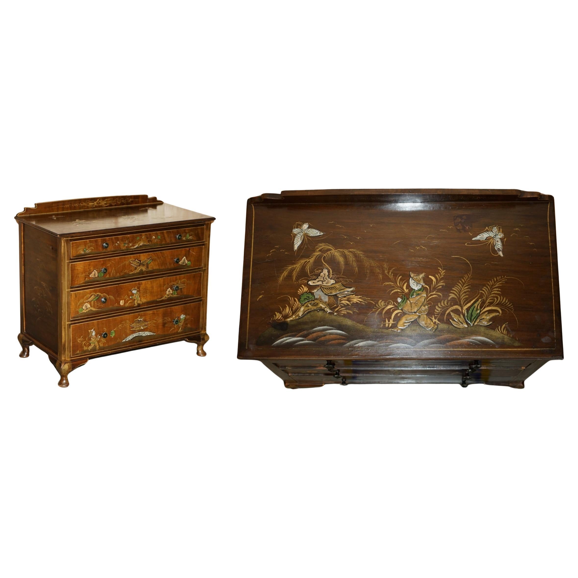 SUBLIME ANTiQUE EDWARDIAN 1910 CHINESE CHINOISERIE PAINTED CHEST OF DRAWERS