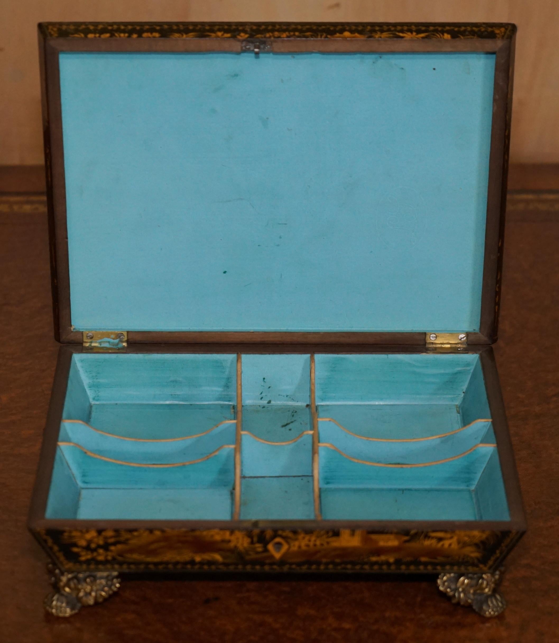 SUBLIME ANTIQUE ENGLiSH GEORGIAN 1820 CHINESE CHINOISERIE PENWORK JEWELLERY BOX For Sale 7