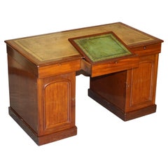 Sublime Antique Hardwood Pedestal Desk with Green Leather Writing Slope Drawer