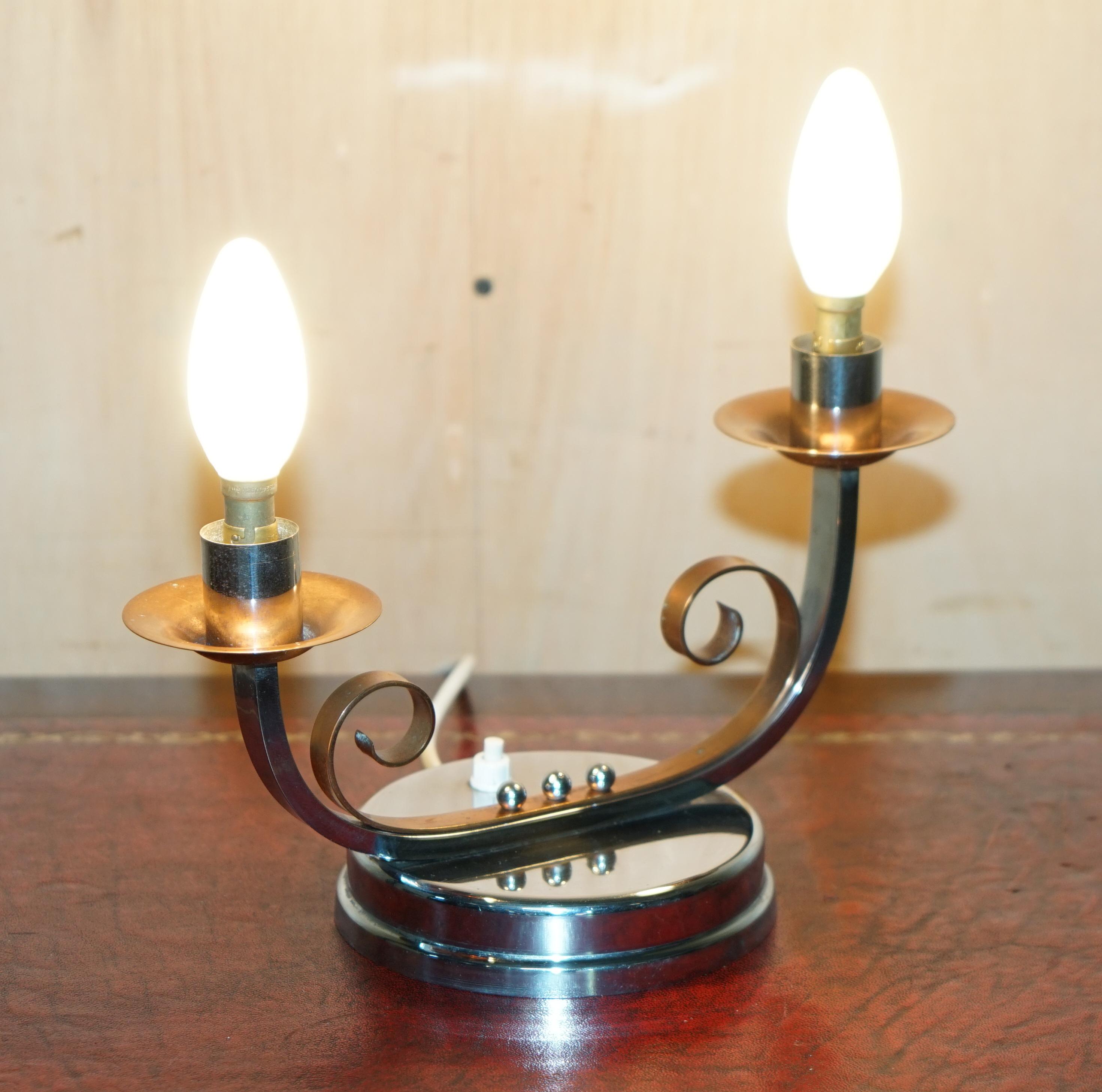 Royal House Antiques

Royal House Antiques is delighted to offer for sale this very good looking and well made pair of circa 1920's Art Deco Chrome and Copper table lamps with original depression switches 

Please note the delivery fee listed is