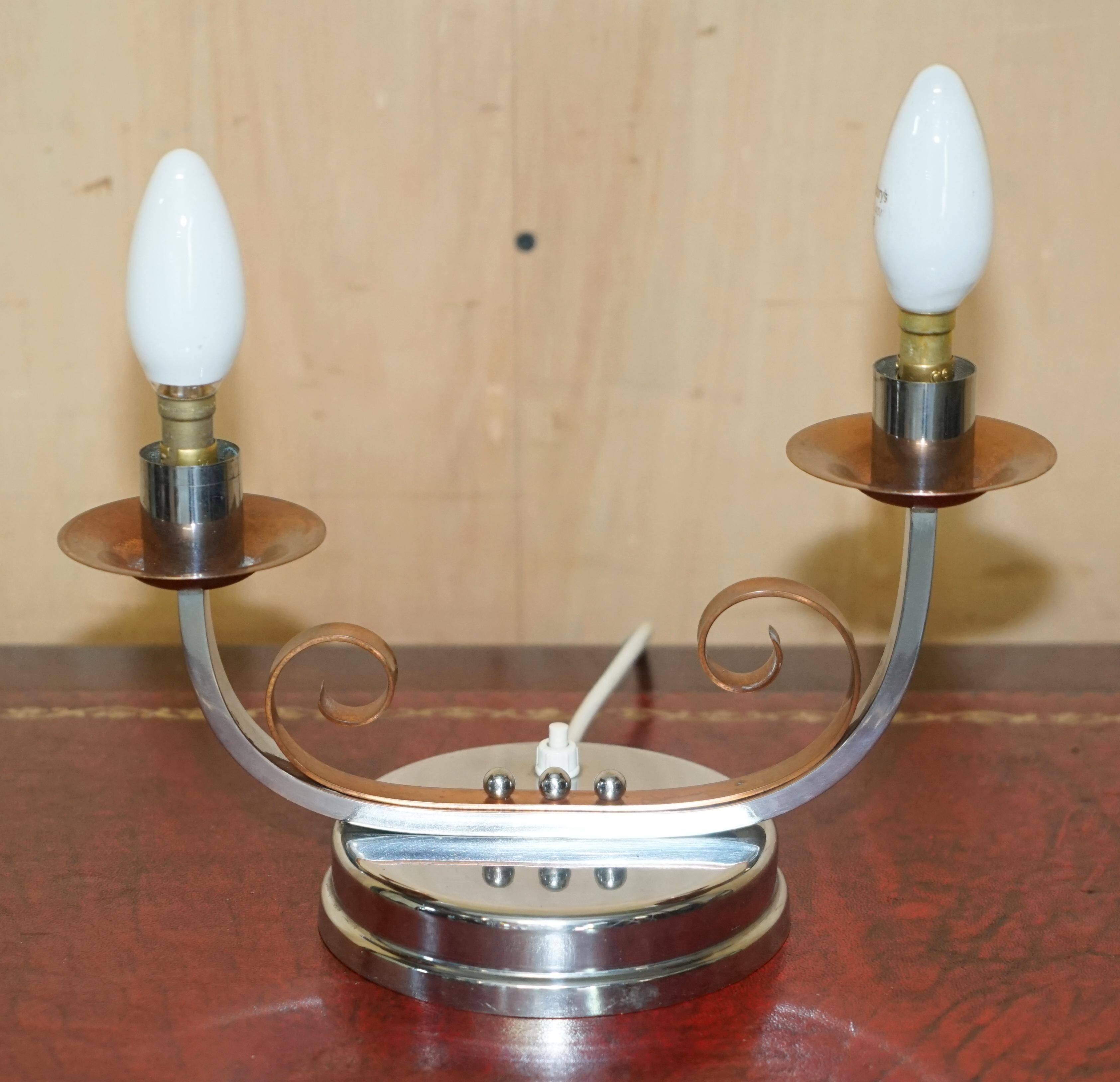 Hand-Crafted SUBLIME ANTiQUE PAIR OF ART DECO CIRCA 1920'S COPPER & CHROME TABLE LAMPS For Sale