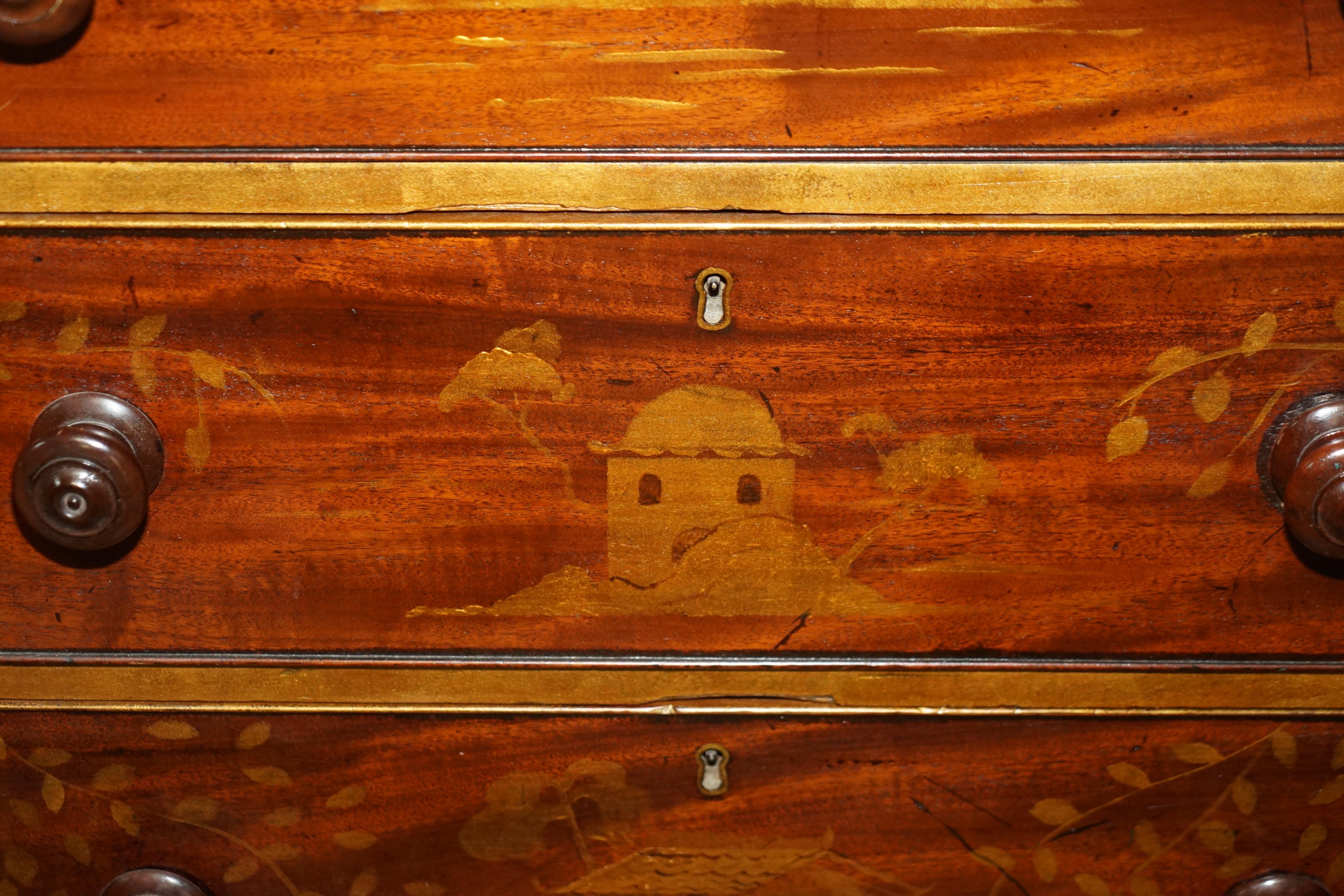 Sublime Antique Victorian 1860 Chinese Chinoiserie Painted Chest of Drawers For Sale 6