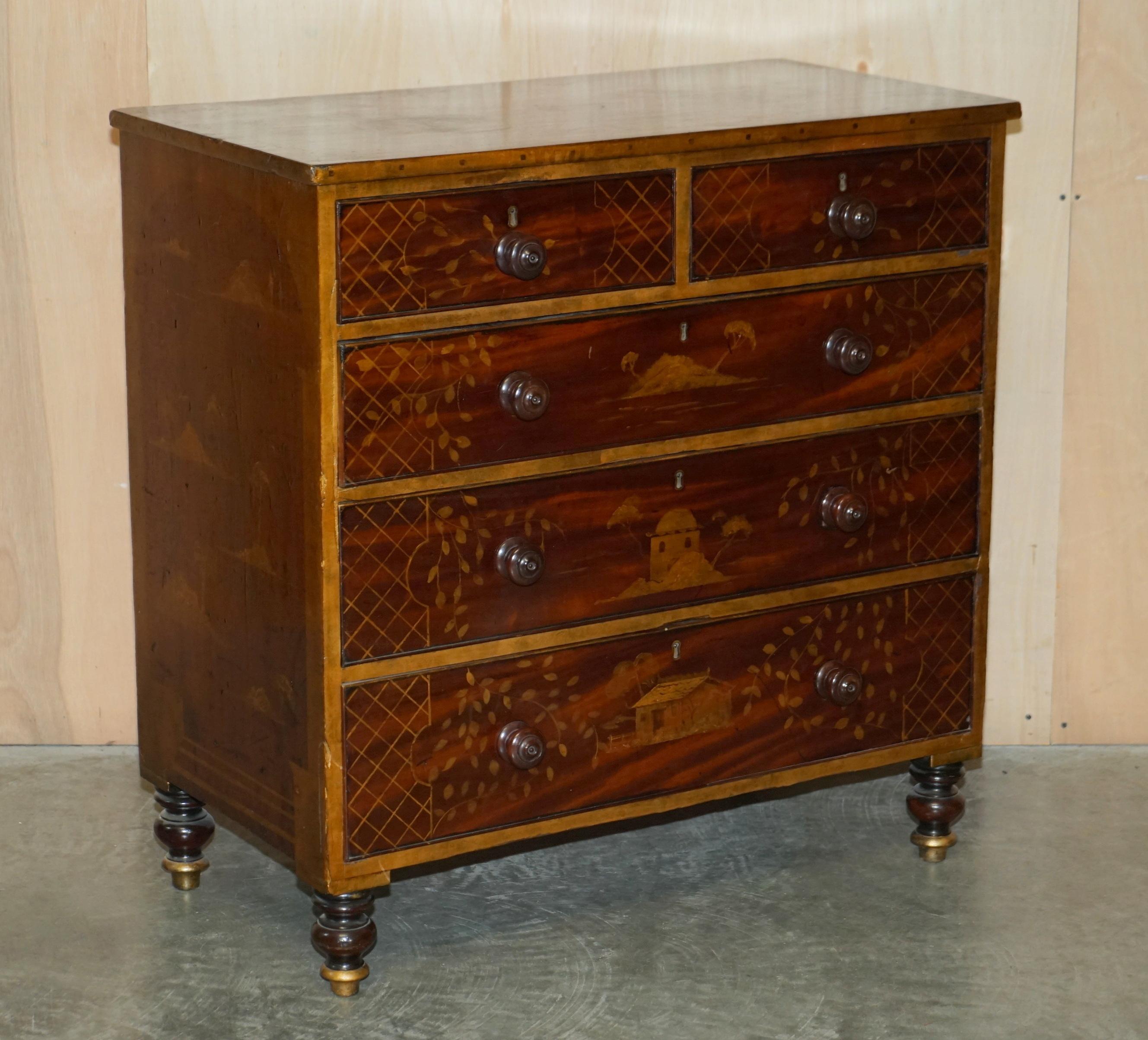 We are delighted to offer for sale this stunning original circa 1860-1880 Chinese hand painted with Pagoda's oak chest of drawers

This chest of drawers is just about as lovely a piece of Chinoiserie furniture as you will ever see, the painting is