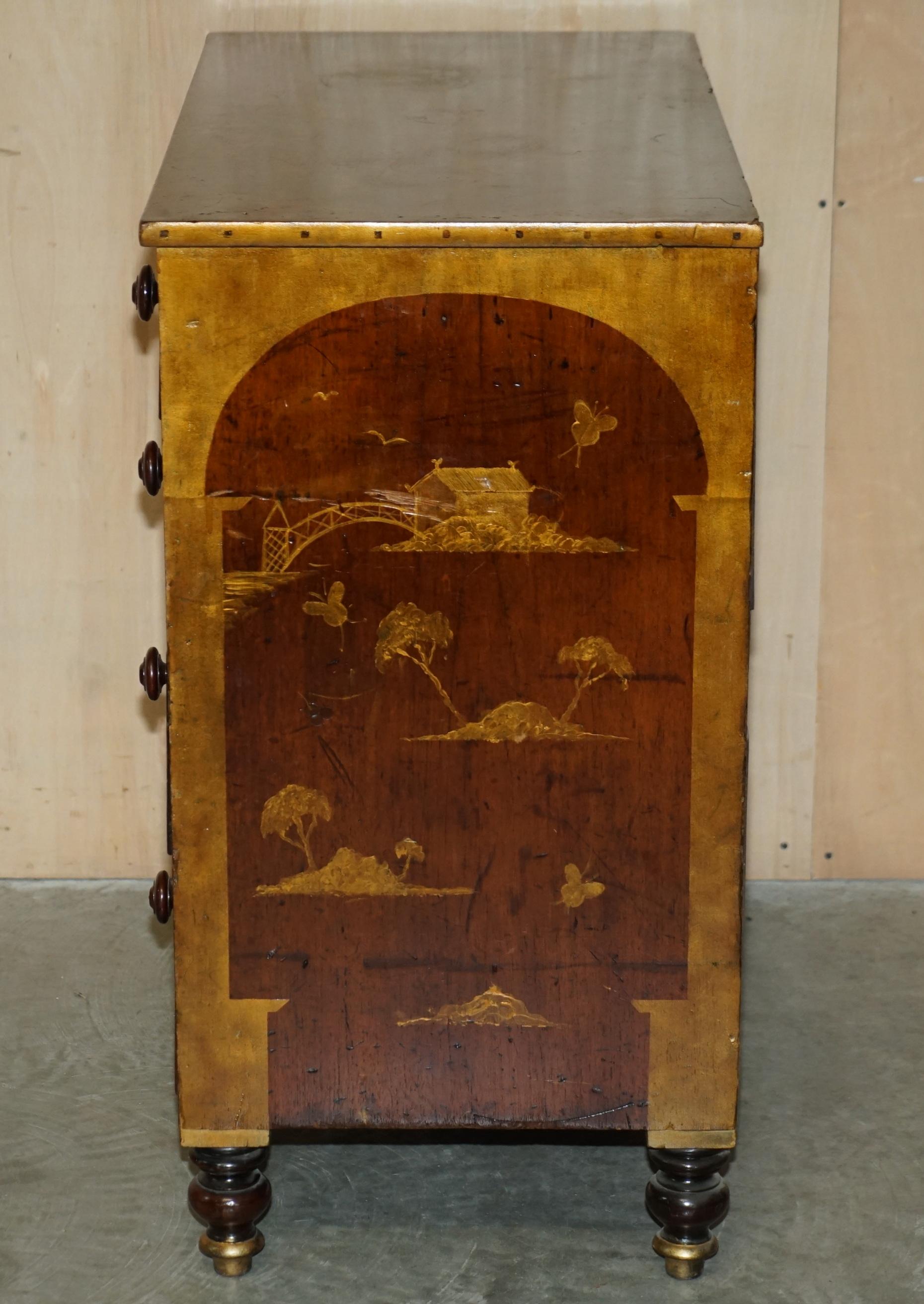 Sublime Antique Victorian 1860 Chinese Chinoiserie Painted Chest of Drawers For Sale 14