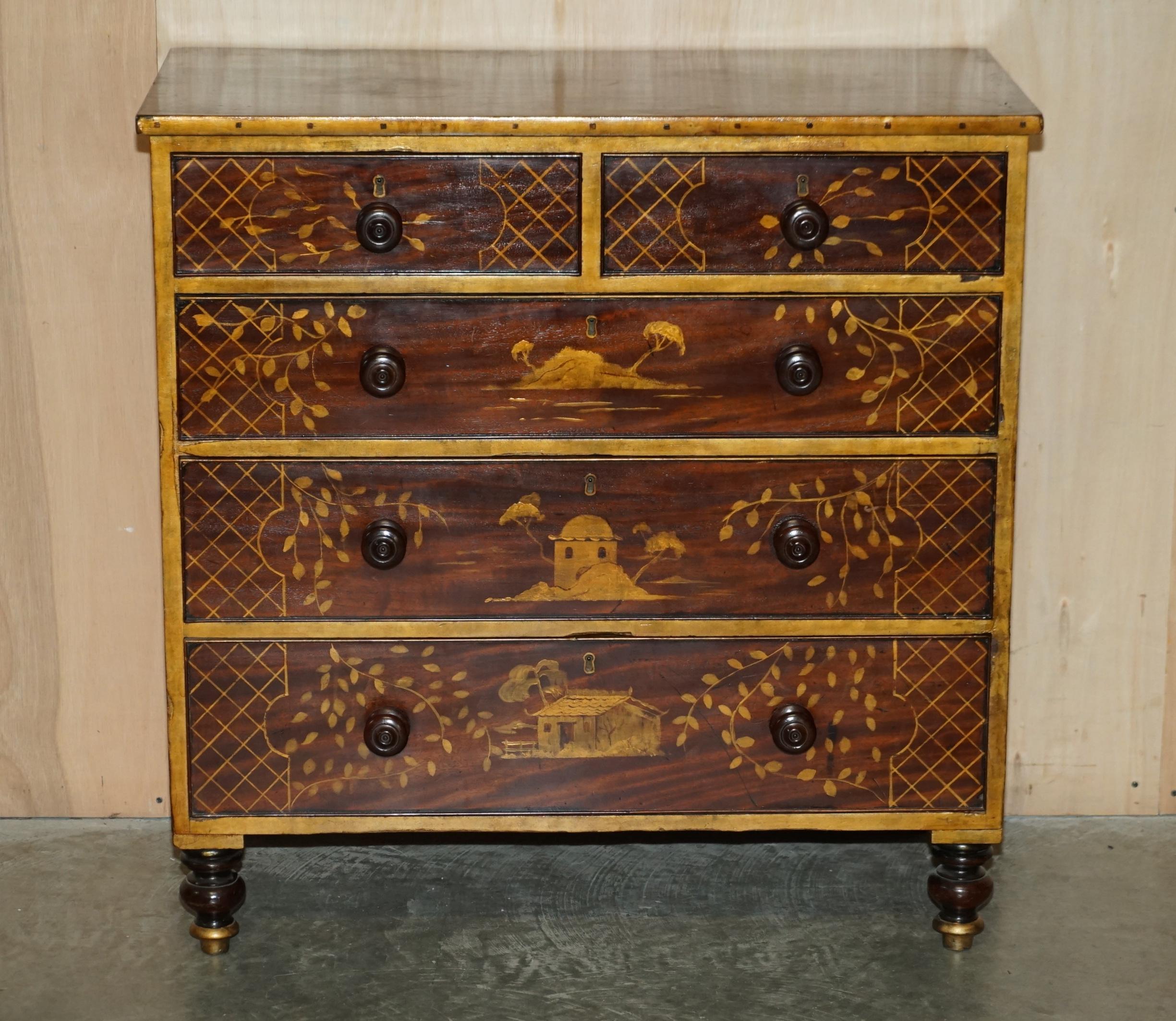 High Victorian Sublime Antique Victorian 1860 Chinese Chinoiserie Painted Chest of Drawers For Sale
