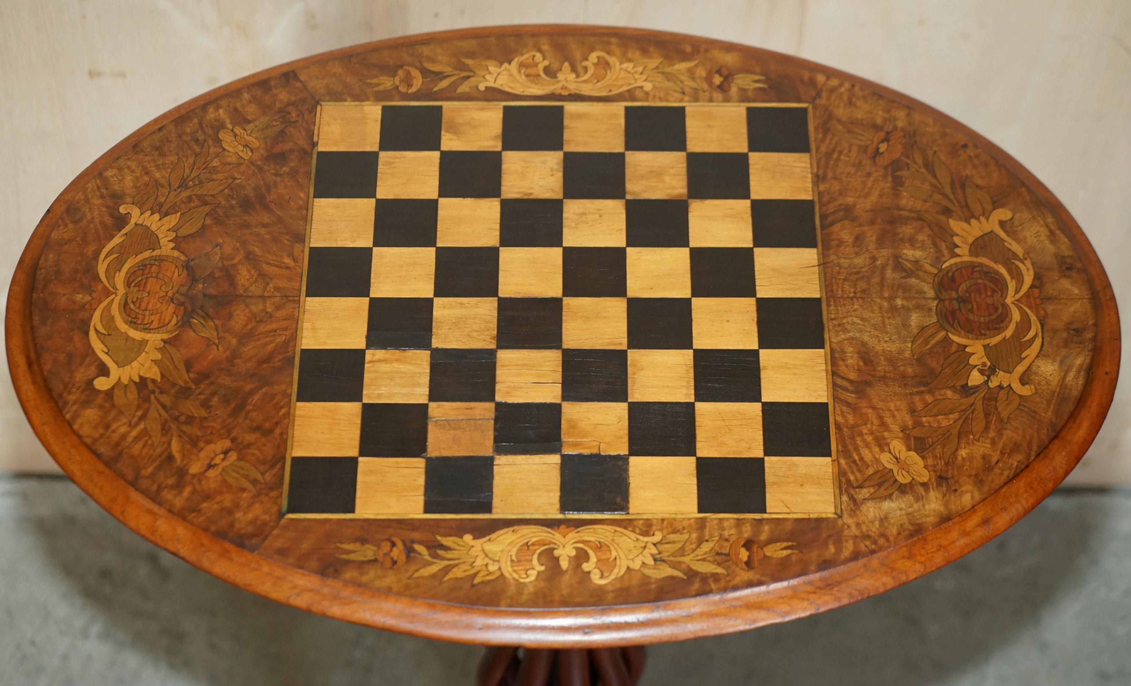 Sublime Antique Victorian 1880 Tilt Top Chess Games Table with Marquetry Inlay 1