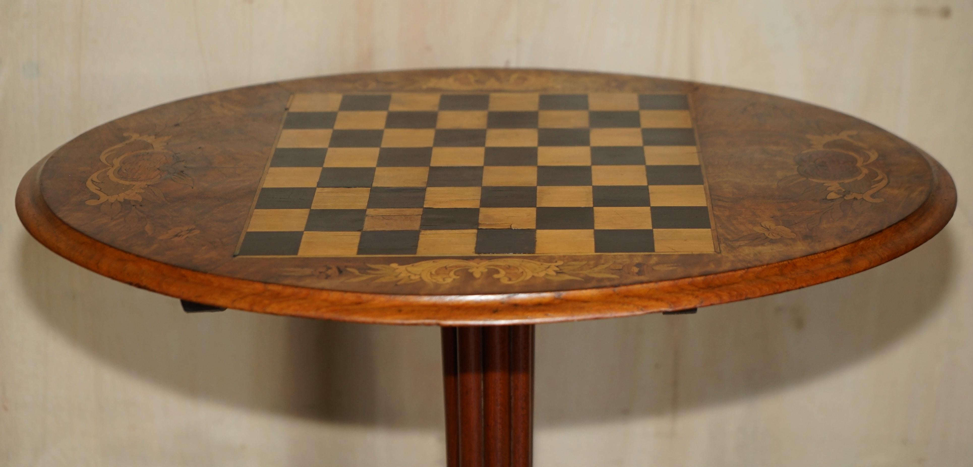 High Victorian Sublime Antique Victorian 1880 Tilt Top Chess Games Table with Marquetry Inlay