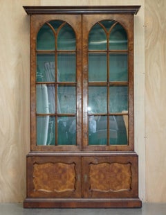 Sublime Antique Victorian Burr Walnut Library Bookcase with Gothic Glazed Doors