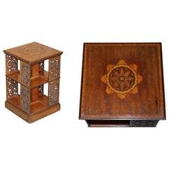 Sublime Antique Victorian Fret Work Carved Walnut & Hardwood Revolving Bookcases