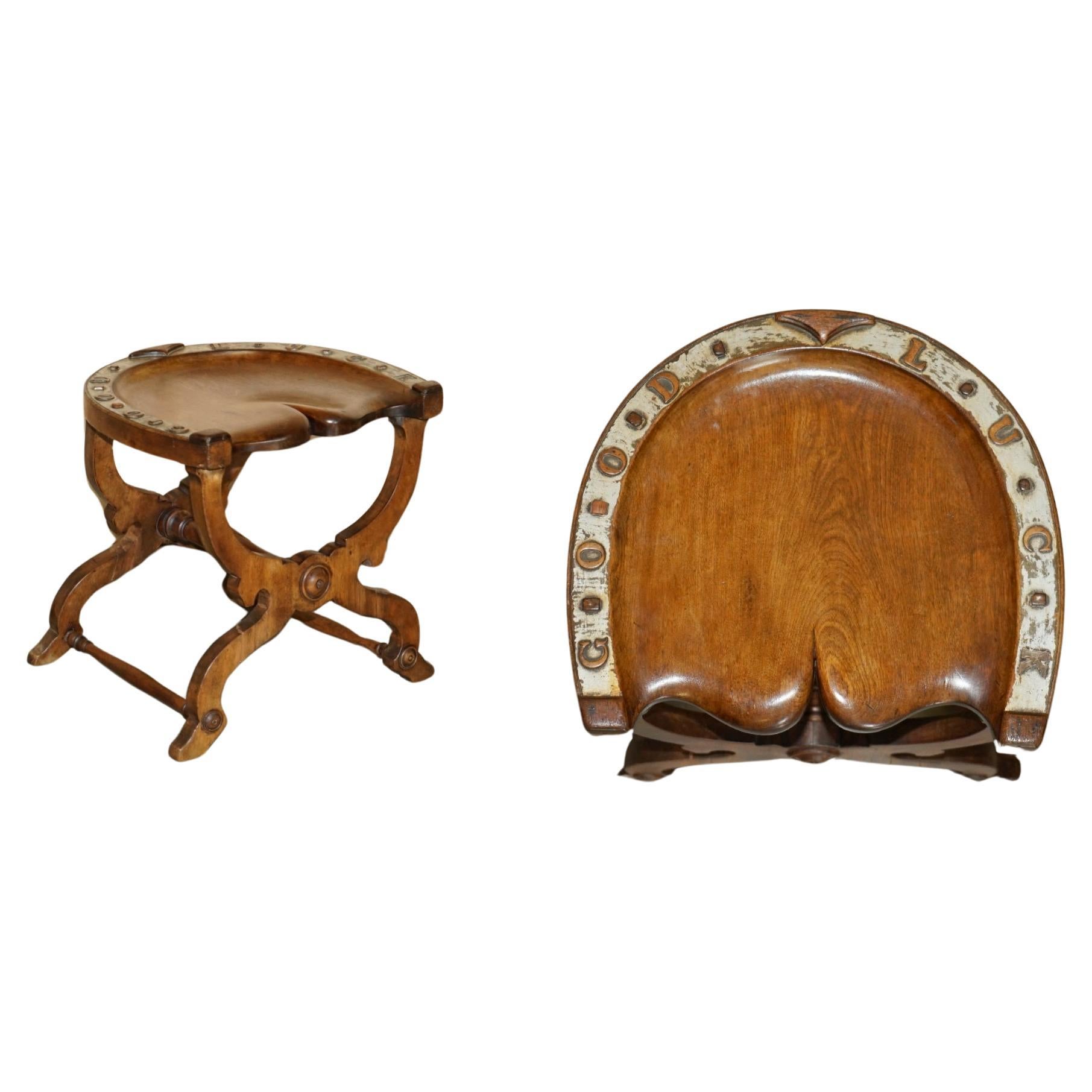 SUBLIME ANTIQUE VICTORIAN HAND CARved ENGLiSH OAK „GOOD LUCK“ HORSE SHOE STOOL