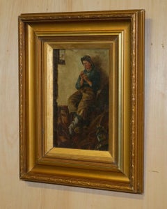 SUBLIME ANTIQUE ViCTORIAN OIL PAINTING OF A YOUNG BOY (FISHERMAN) PLAYING A PIPE